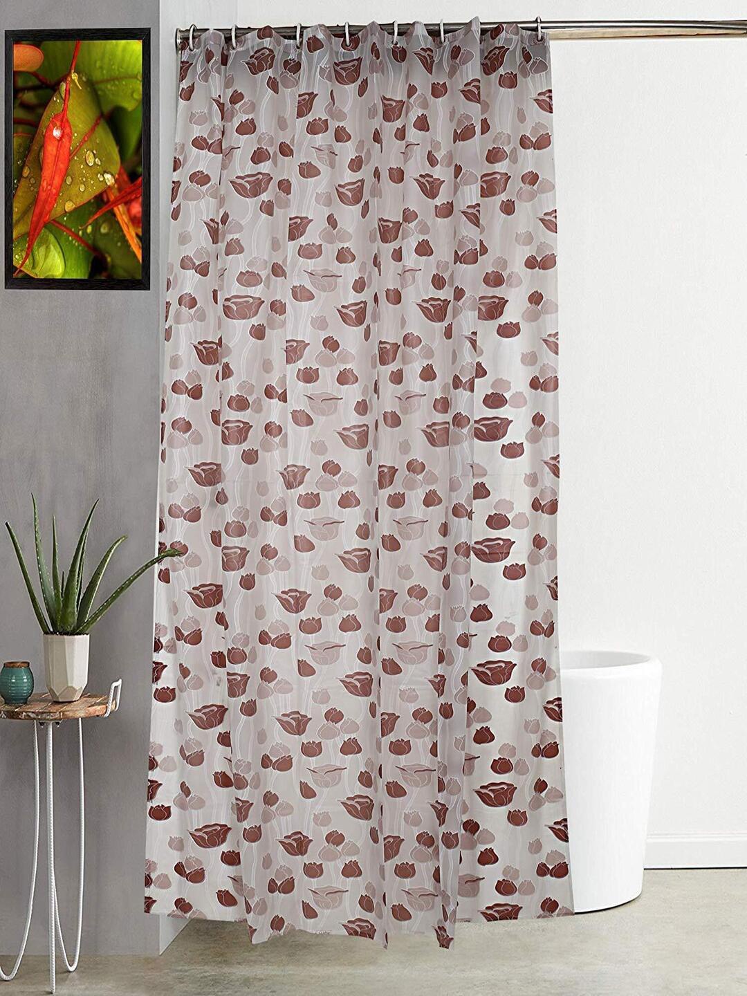 

CASA-NEST Brown &White 9 Pieces Floral Printed Shower Curtain & Hooks