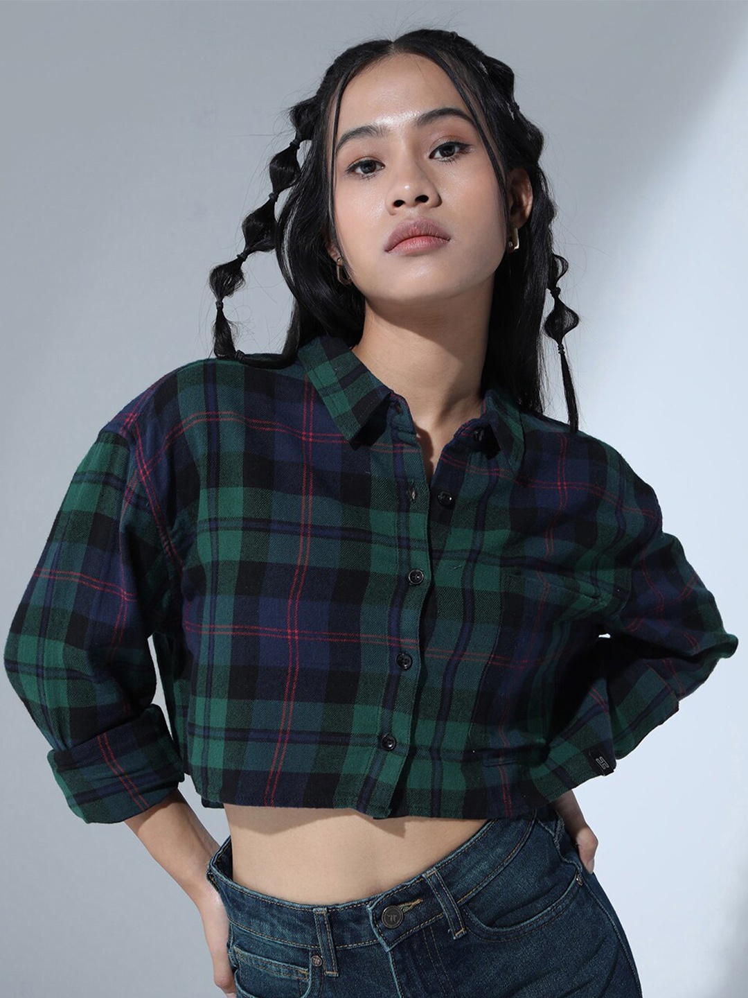 

Hubberholme Classic Checked Pure Cotton Casual Crop Shirt, Green