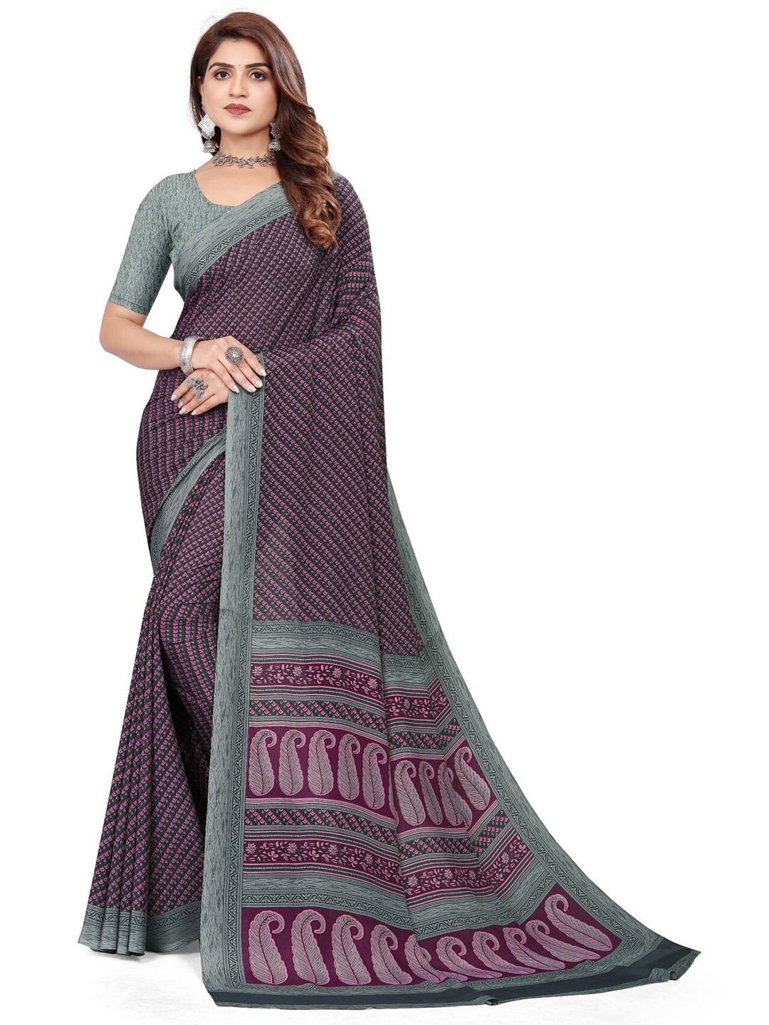 

VIMLA Floral Pure Crepe Saree, Blue