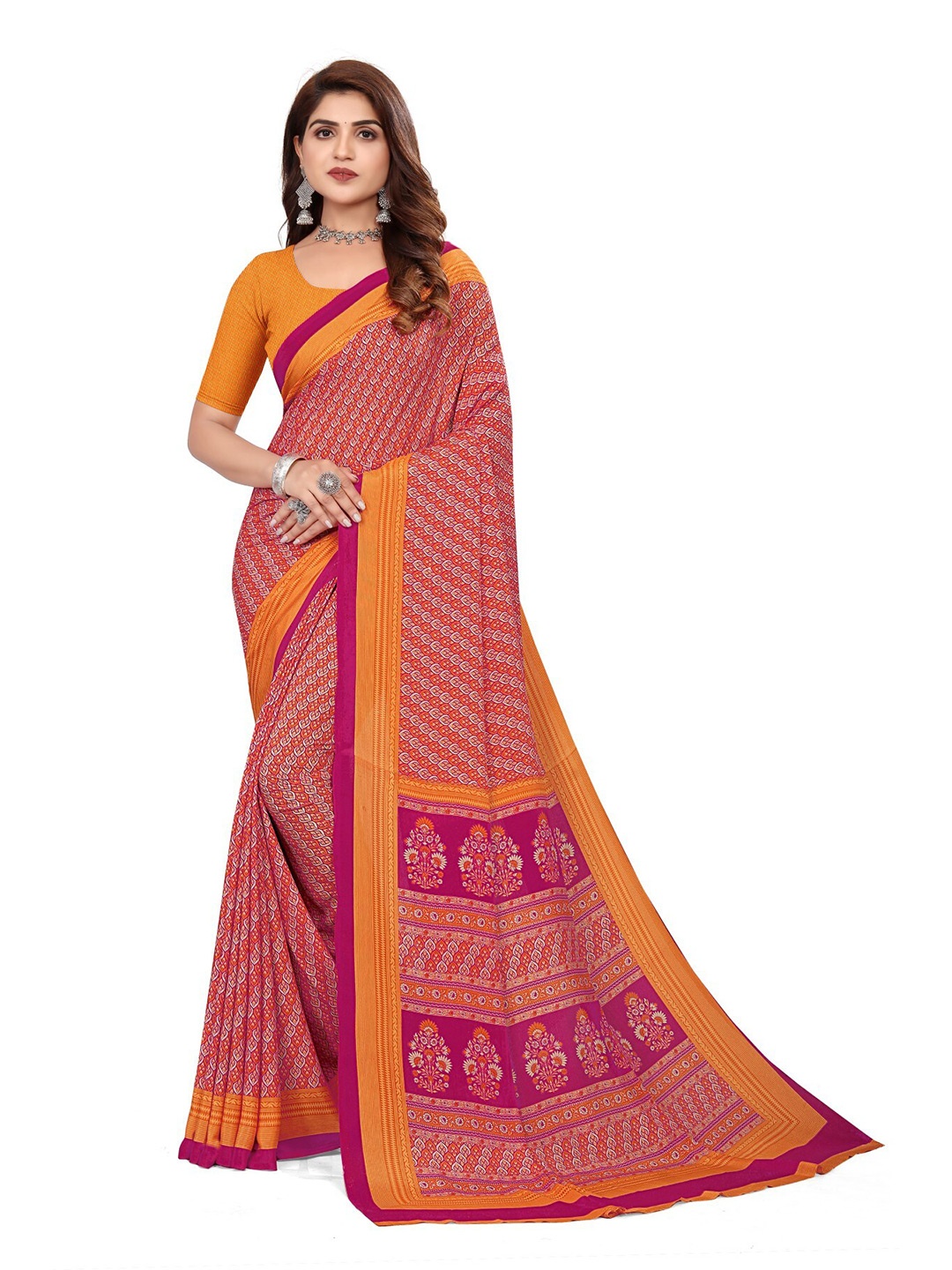 

VIMLA Floral Pure Crepe Saree, Orange