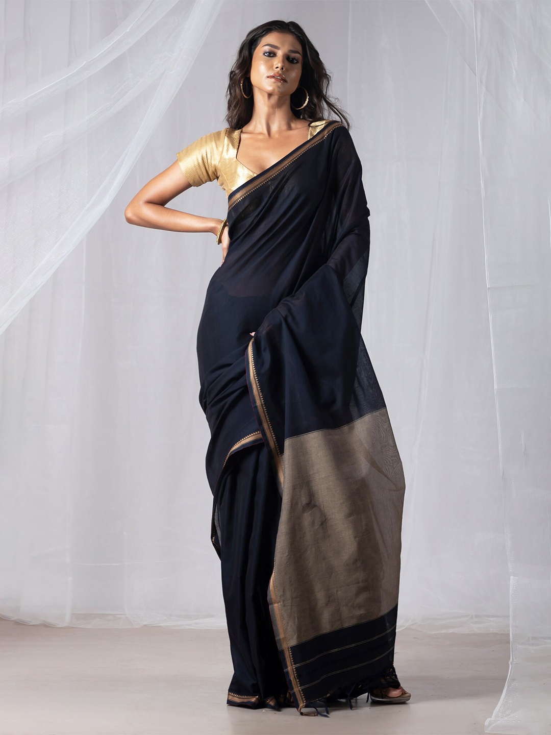 

Unnati Silks Zari Pure Cotton Narayan Peth Saree, Black