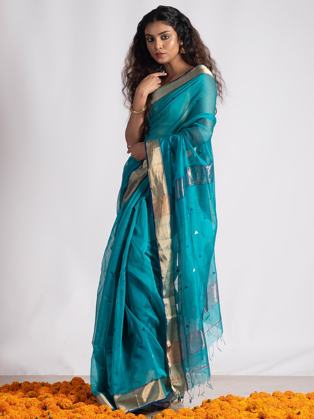 

Unnati Silks Zari Silk Cotton Handloom Maheshwari Saree, Green