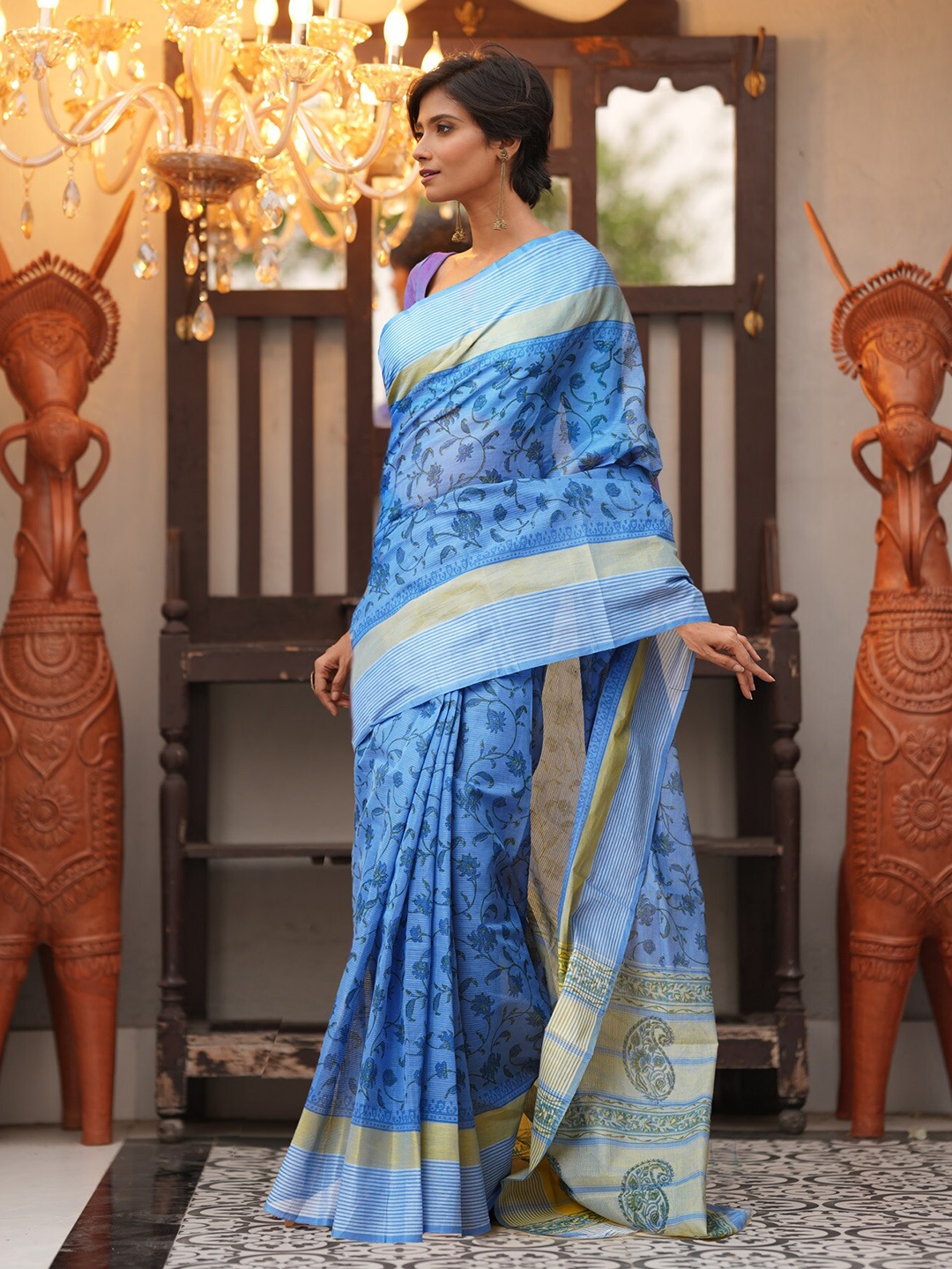 

Unnati Silks Floral Printed Pure Cotton Handloom Mangalagiri Saree, Blue