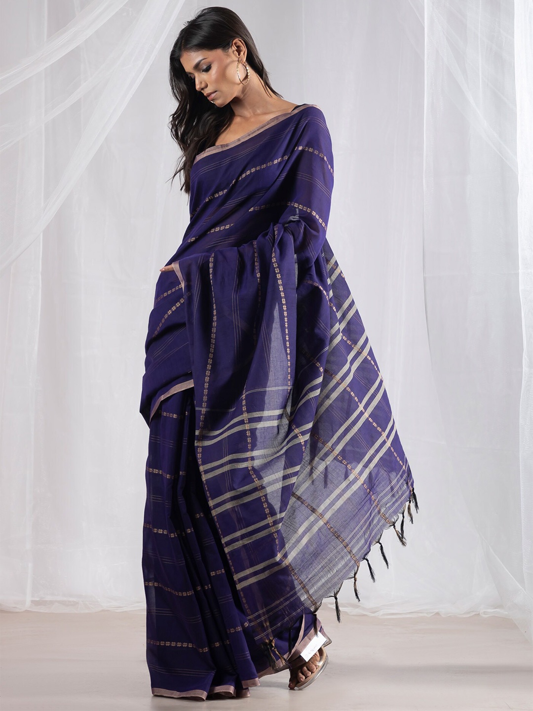 

Unnati Silks Striped Woven Design Pure Cotton Narayan Peth Saree, Blue
