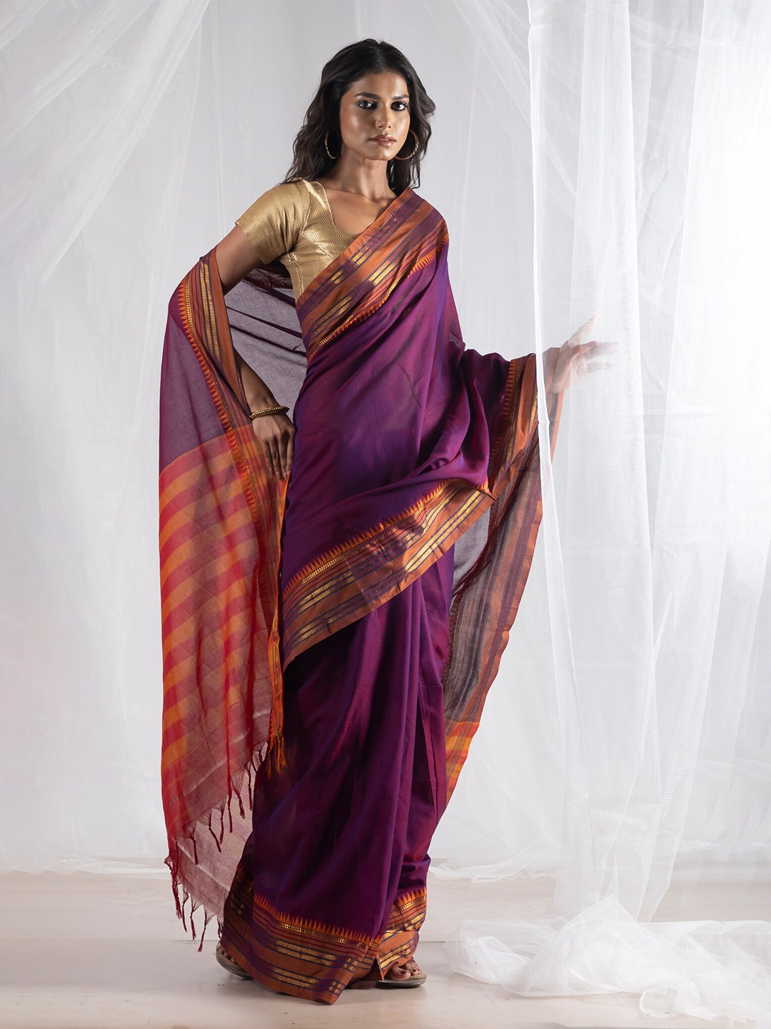 

Unnati Silks Zari Handloom Pure Cotton Narayan Peth Saree, Purple