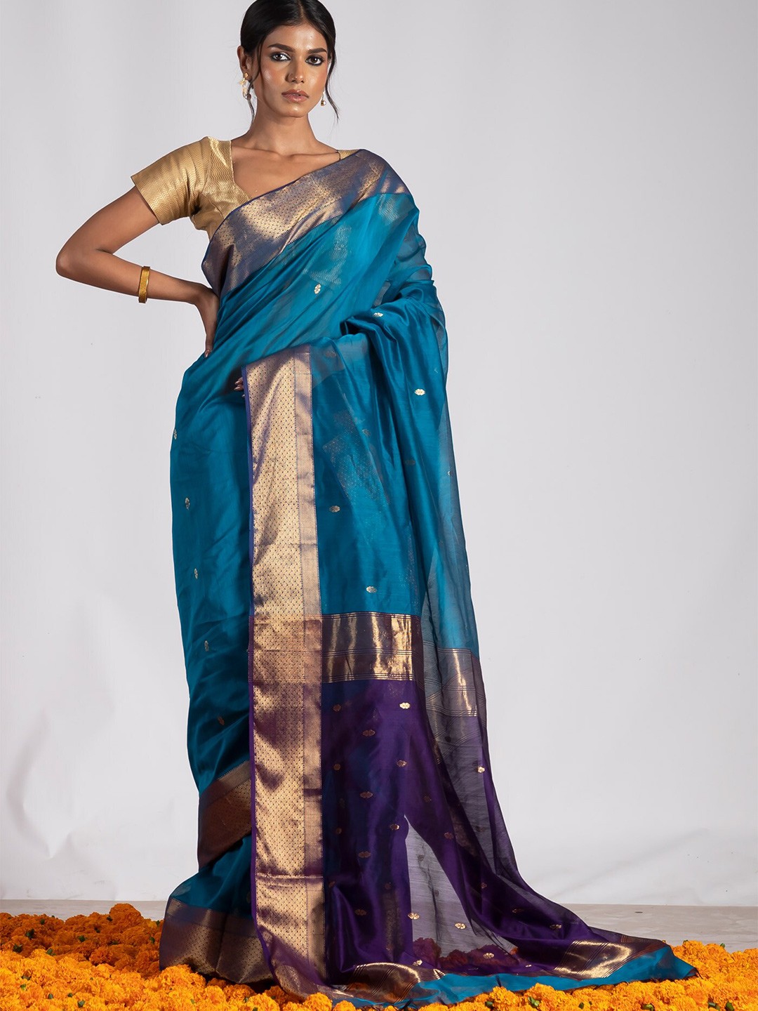 Unnati Silks Ethnic Motifs Woven Design Zari Silk Cotton Handloom Maheshwari Saree, Blue