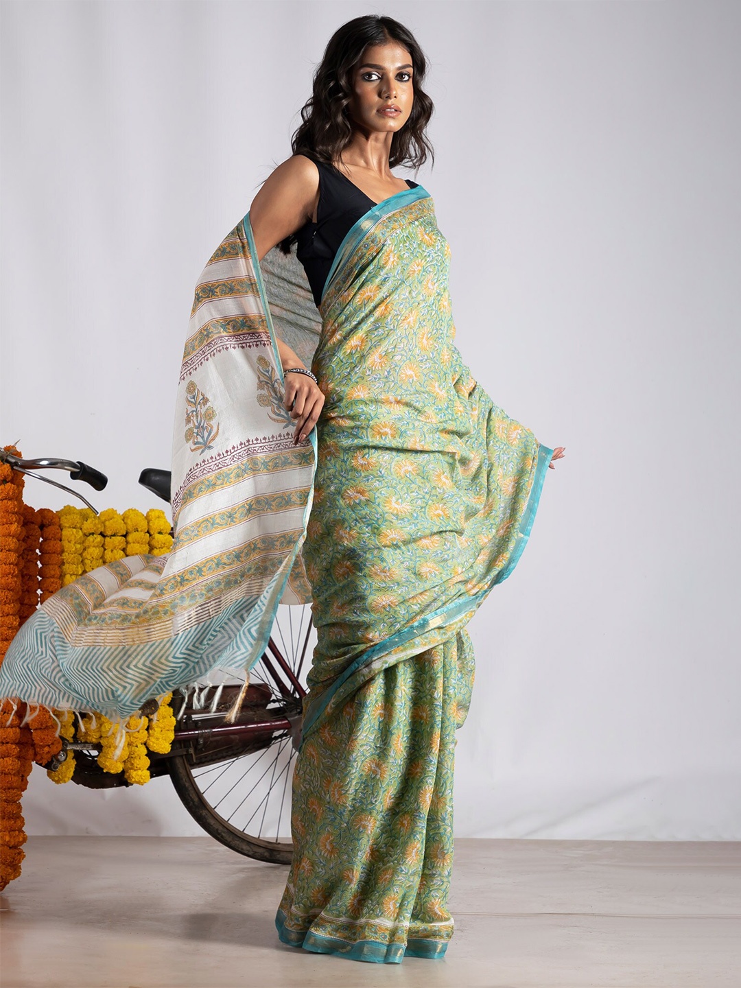 

Unnati Silks Floral Printed Zari Handloom Baluchari Saree, Green