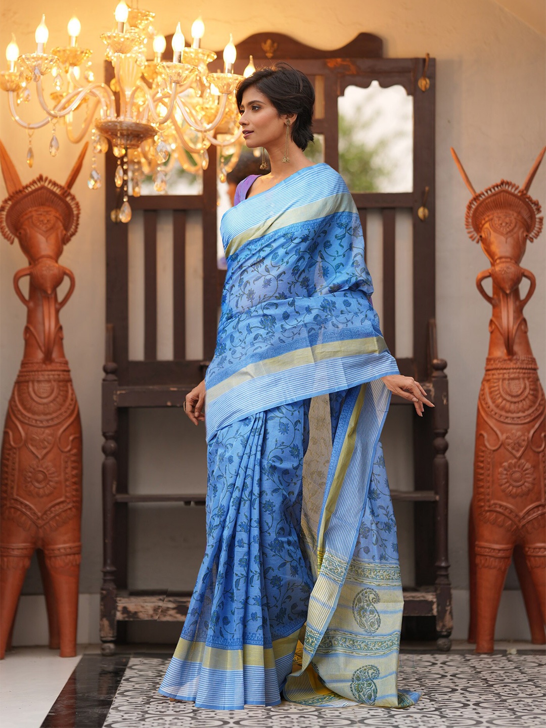 

Unnati Silks Ethnic Printed Zari Handloom Pure Cotton Mangalagiri Saree, Blue