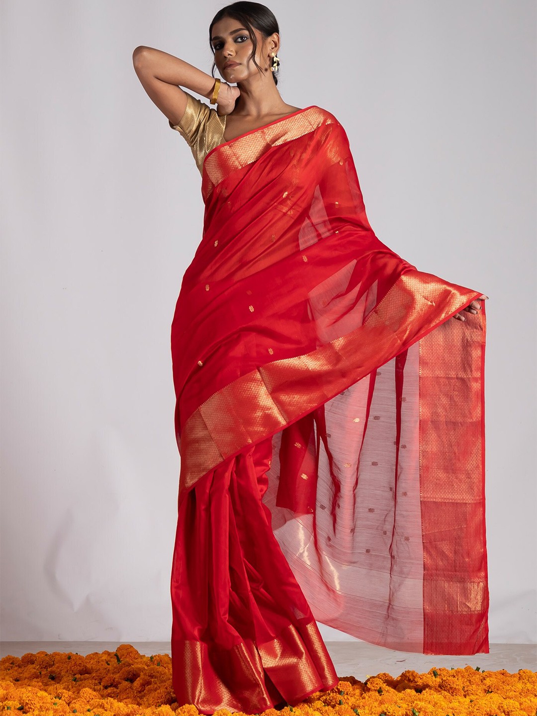

Unnati Silks Ethnic Motifs Woven Design Zari Silk Cotton Maheshwari Saree, Red