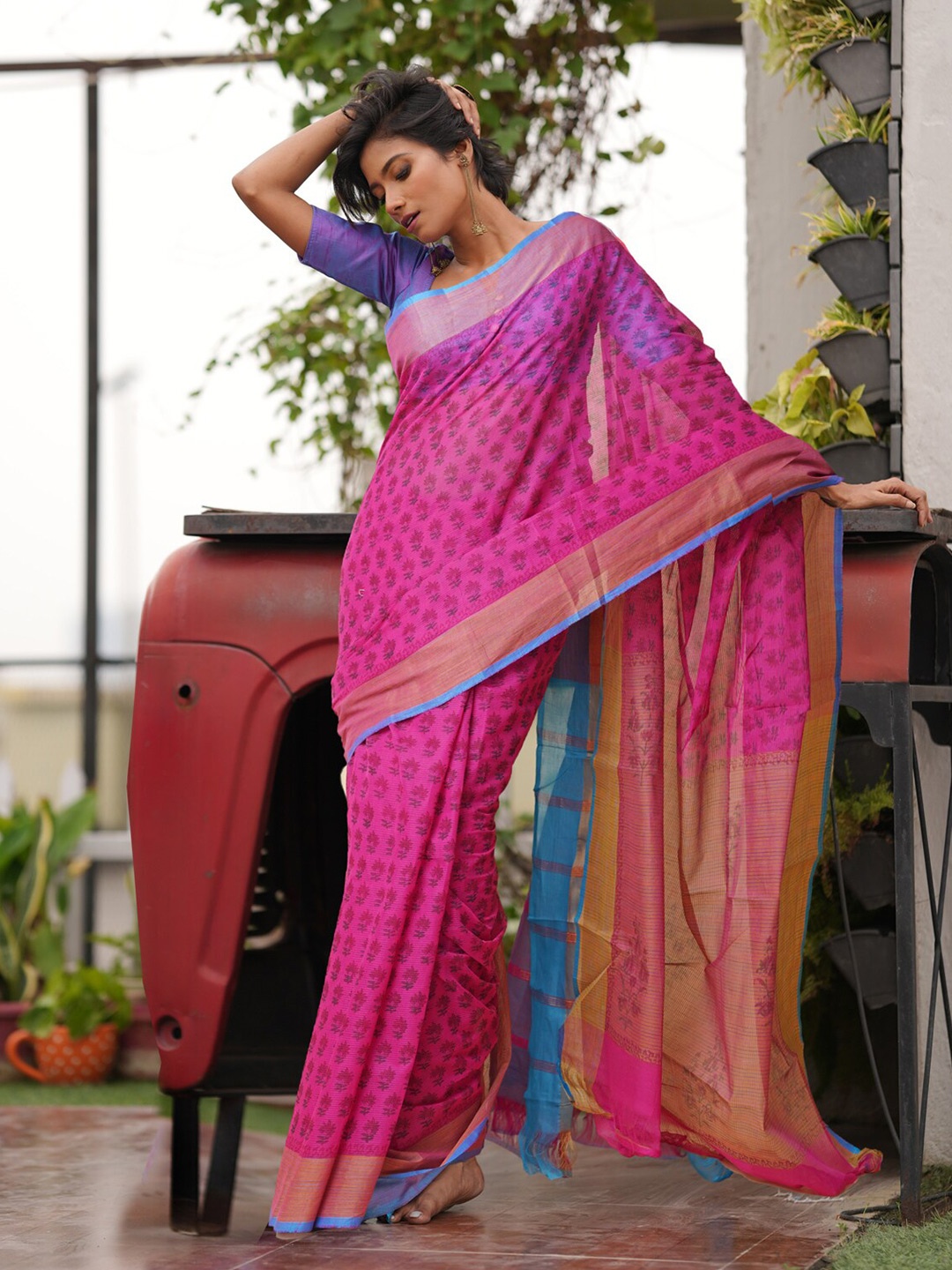 

Unnati Silks Ethnic Motifs Zari Pure Cotton Mangalagiri Saree, Pink
