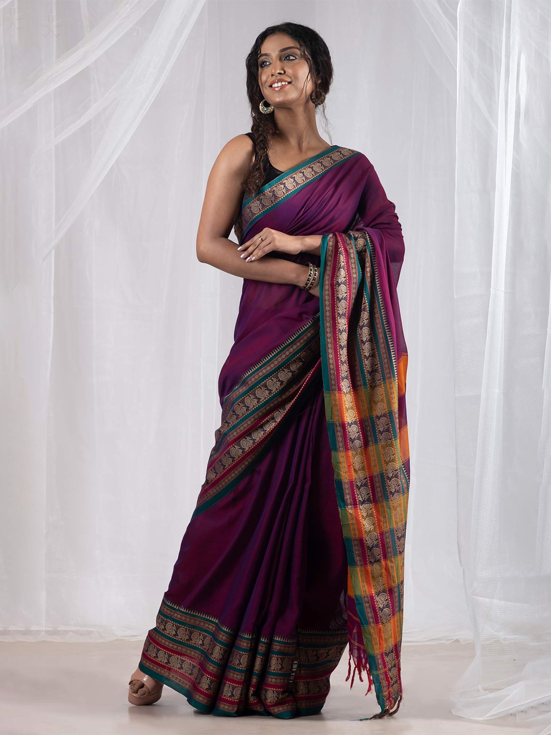 

Unnati Silks Pure Cotton Handloom Narayanpet Zari Saree, Purple
