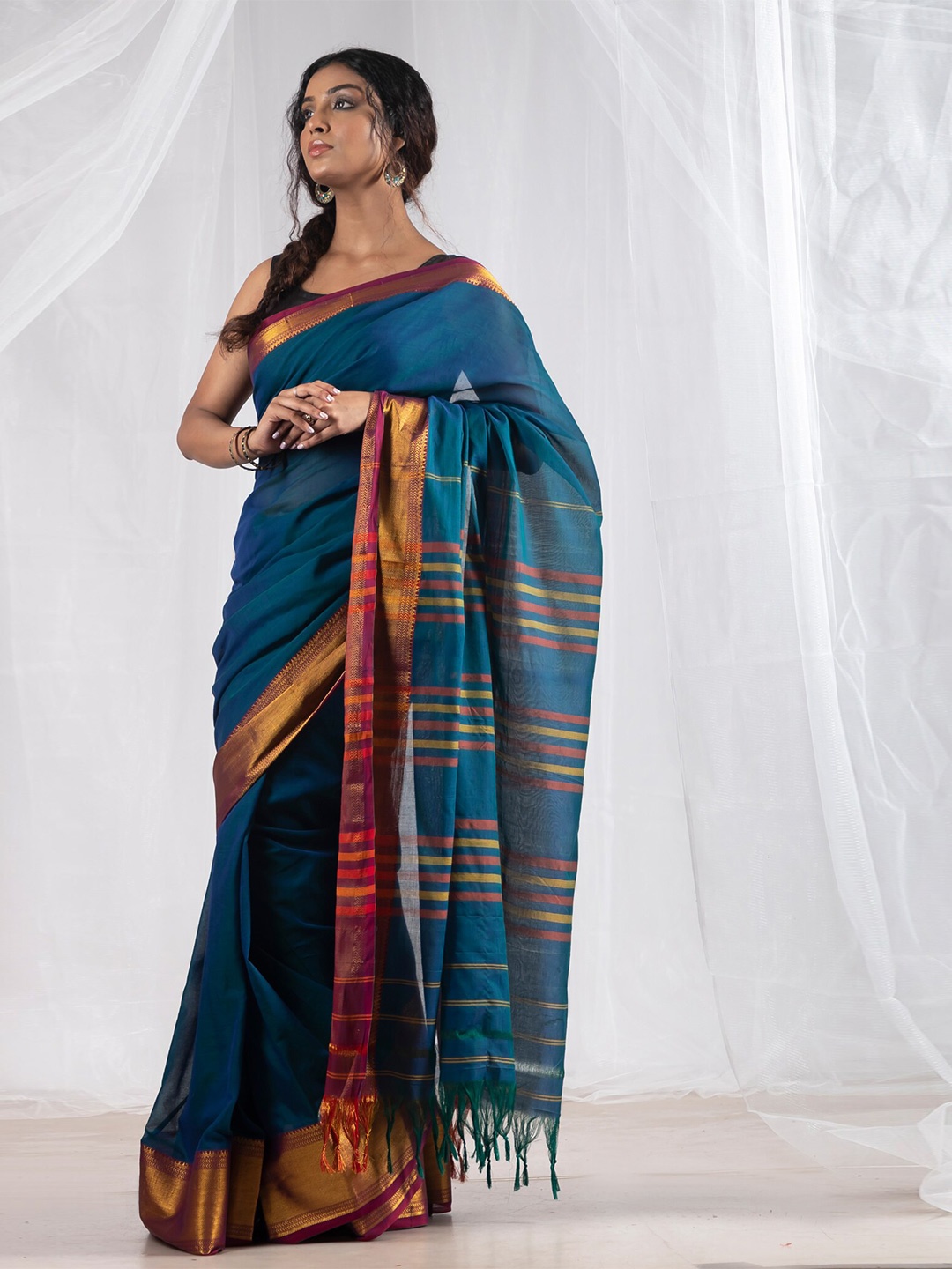 Unnati Silks Zari Pure Cotton Handloom Narayan Peth Saree, Blue