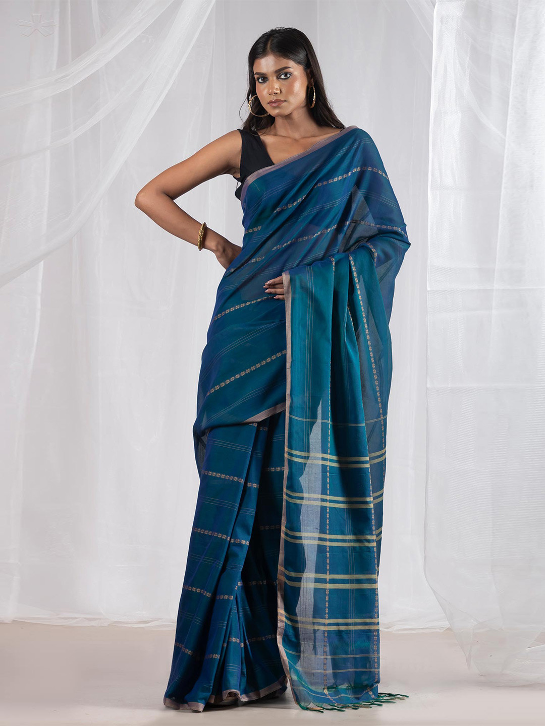 

Unnati Silks Striped Woven Design Zari Pure Cotton Handloom Narayan Peth Saree, Blue