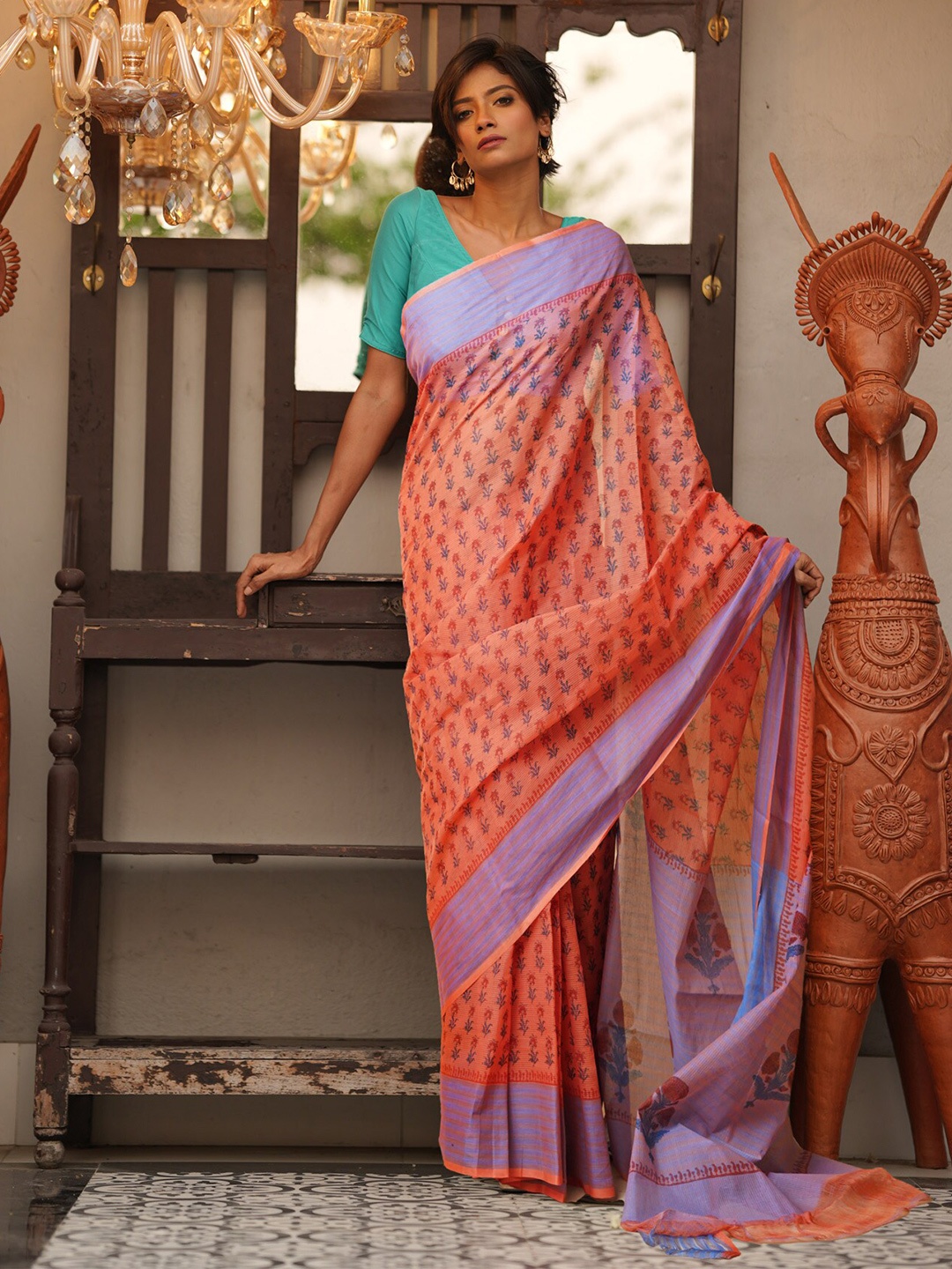 

Unnati Silks Ethnic Motifs Printed Pure Cotton Mangalagiri Saree, Orange