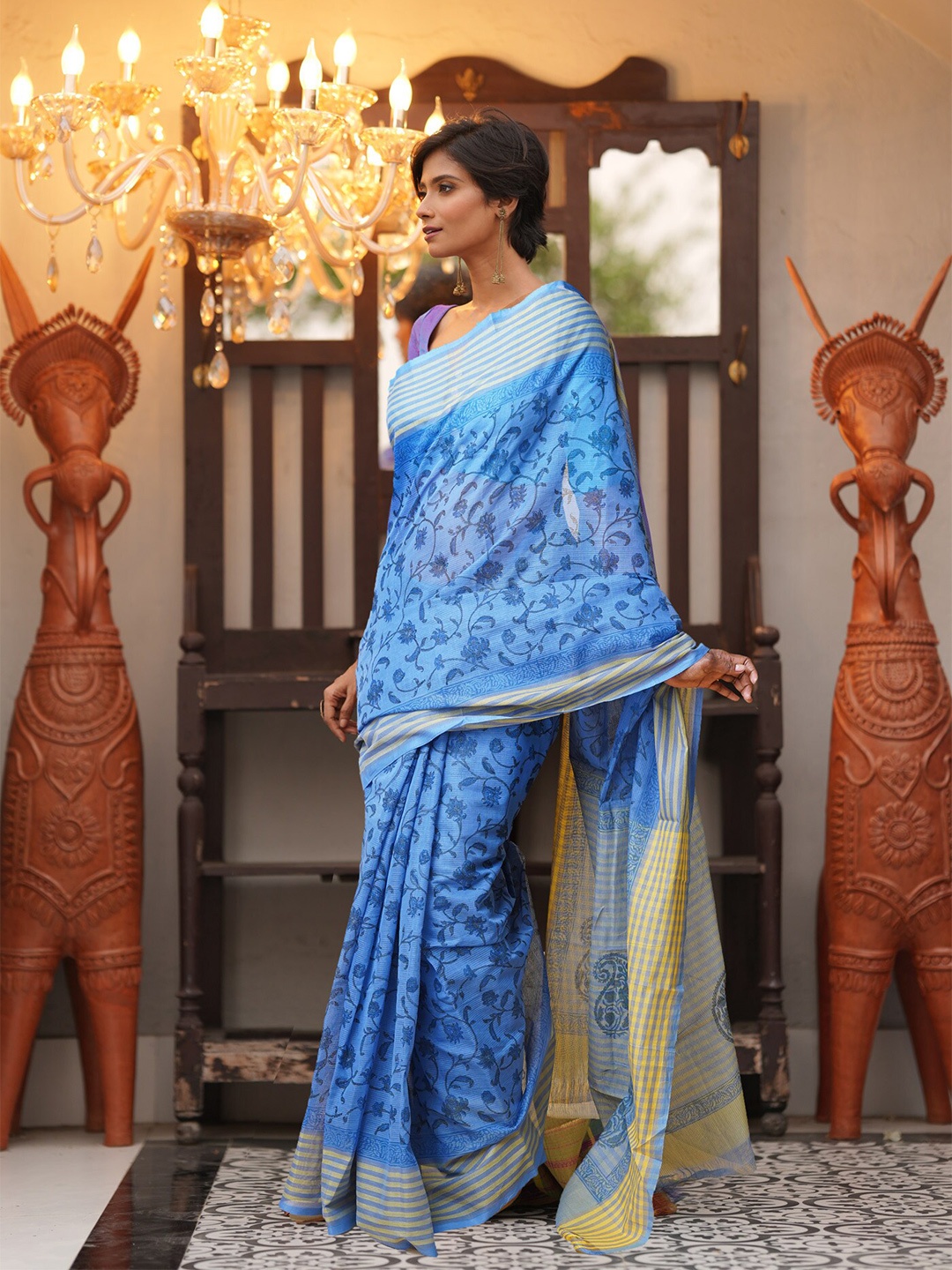 

Unnati Silks Paisley Pure Cotton Mangalagiri Saree, Blue