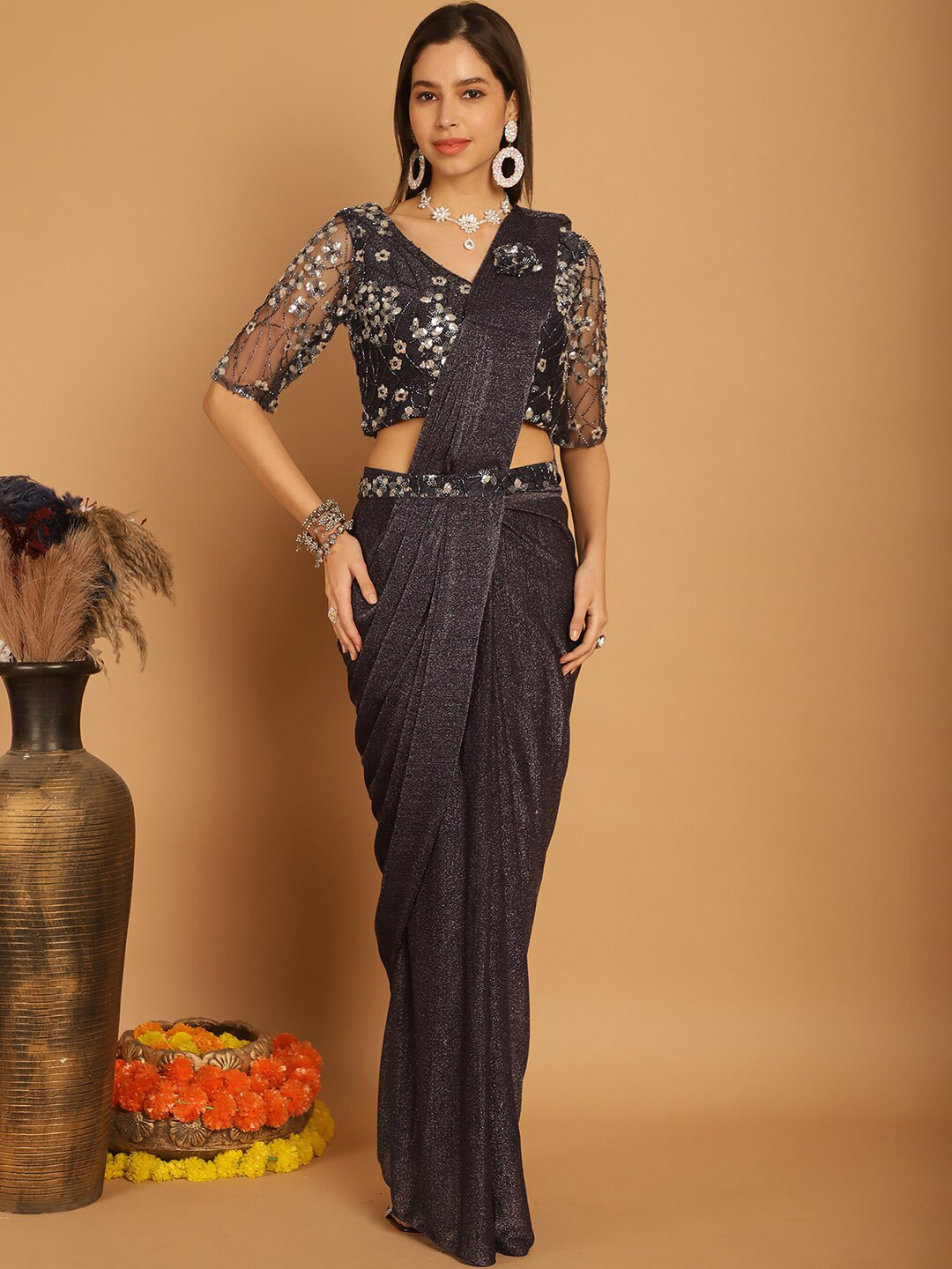

Grancy Embellished Sequinned Saree, Blue