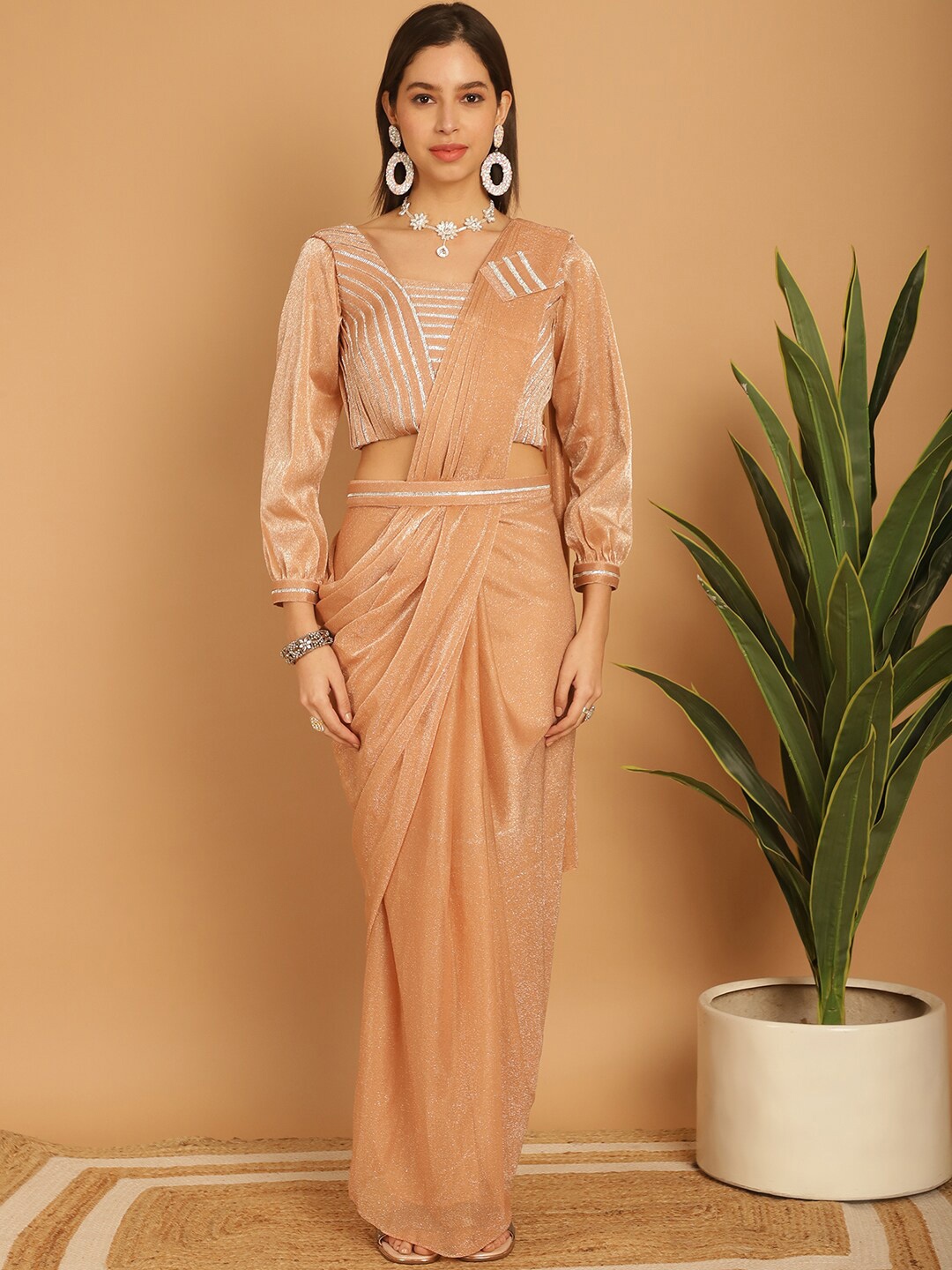 

Grancy Embellished Ready to Wear Leheriya Saree, Peach
