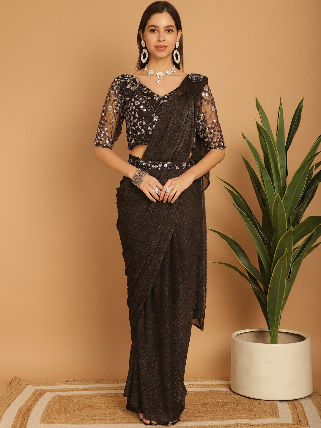 Grancy Embellished Ready to Wear Leheriya Saree, Black