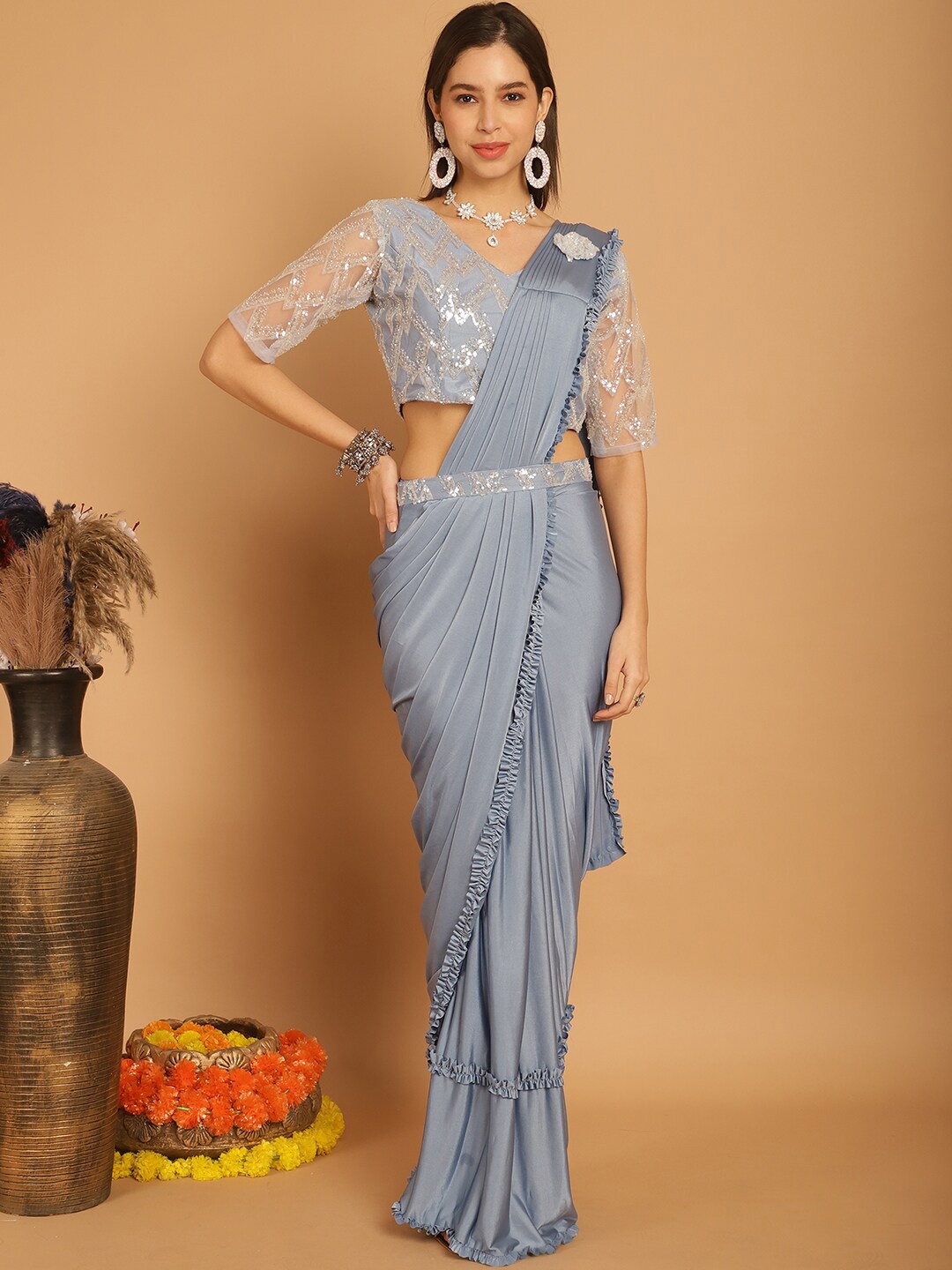 

Grancy Embellished Ready to Wear Leheriya Saree, Blue