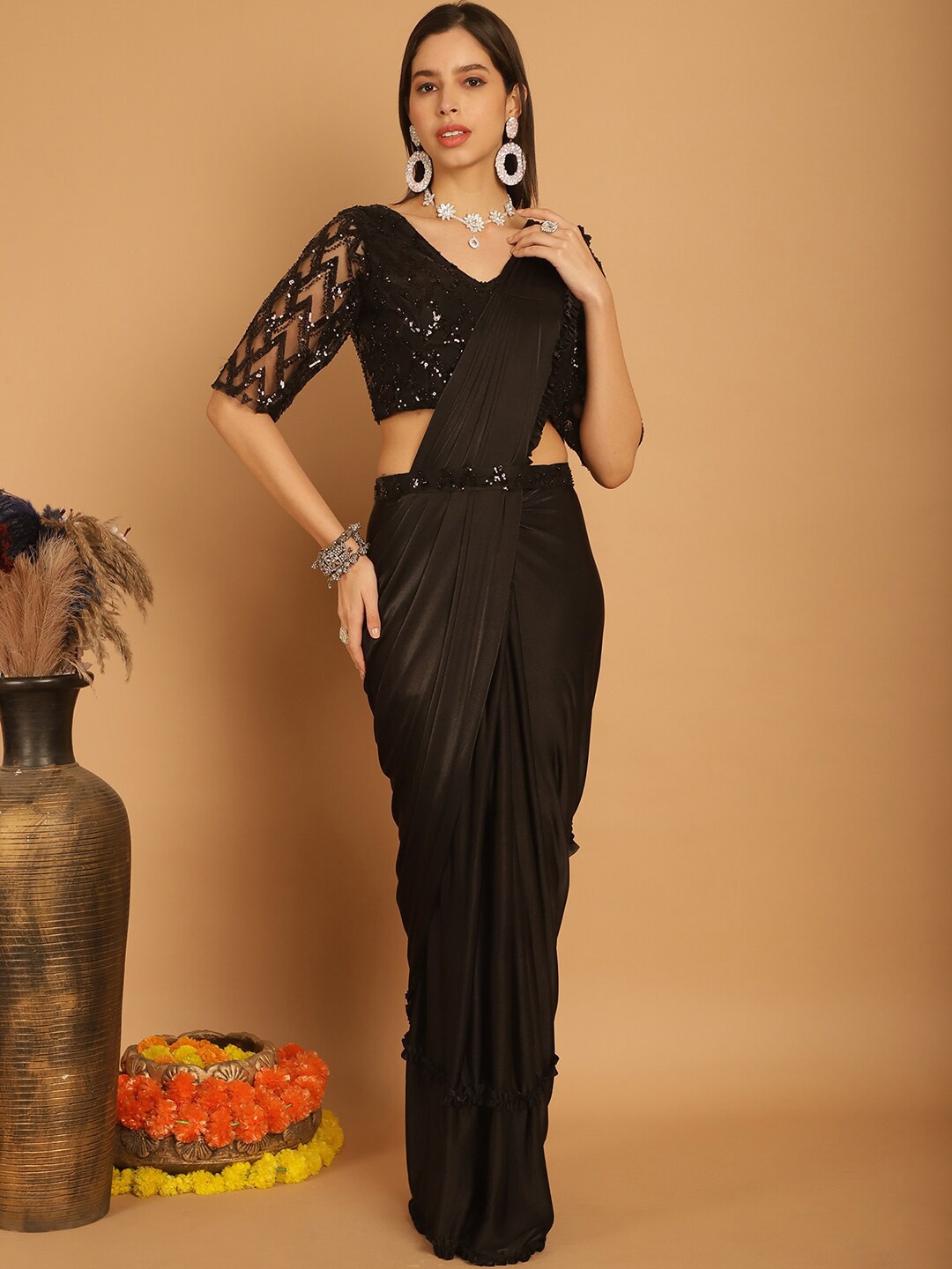 

Grancy Embellished Ready to Wear Saree, Black