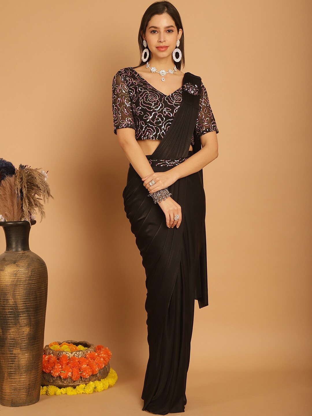 

Grancy Embellished Ready to Wear Leheriya Saree, Black