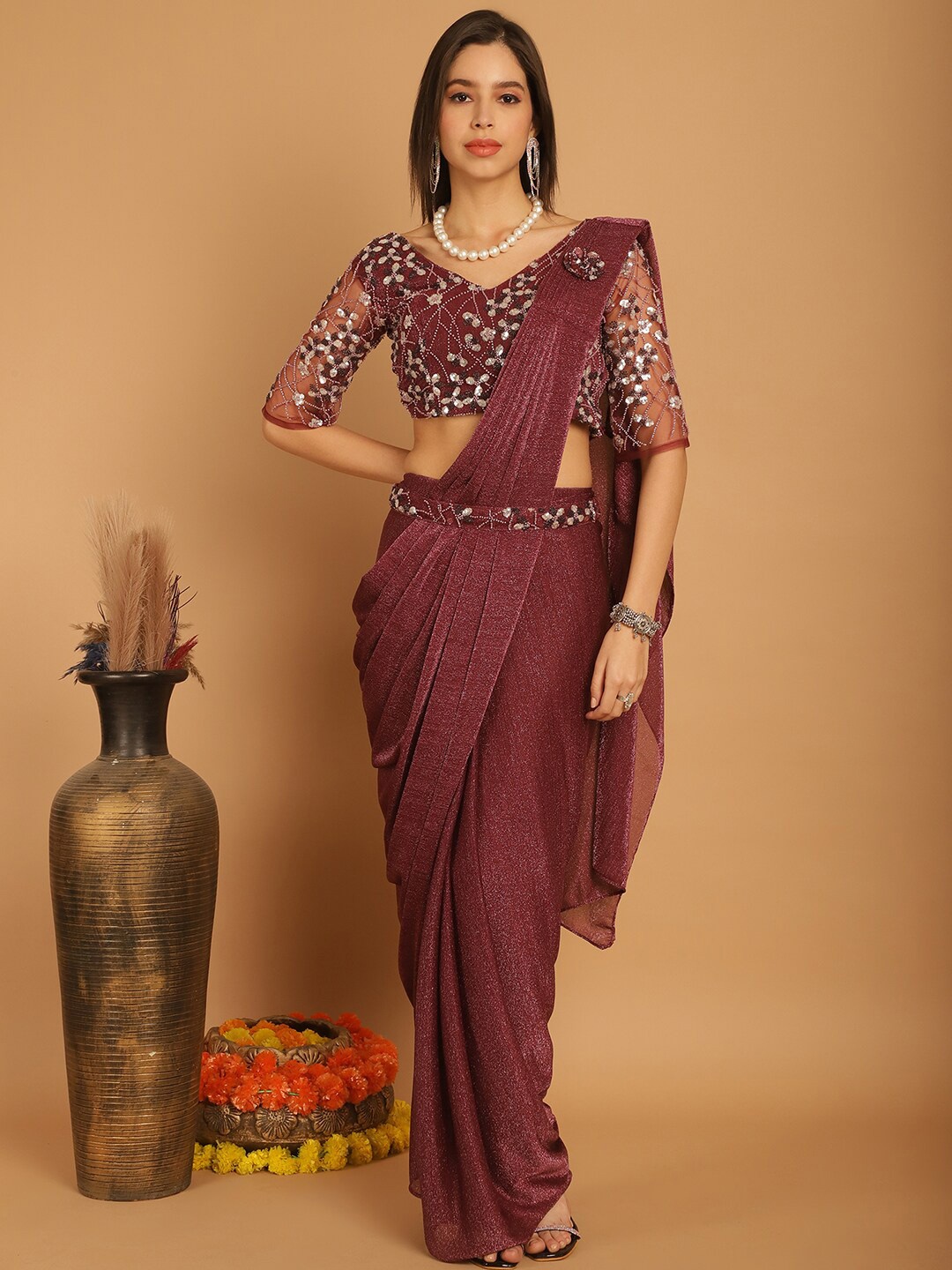 

Grancy Embroidered Ready to Wear Leheriya Saree, Burgundy