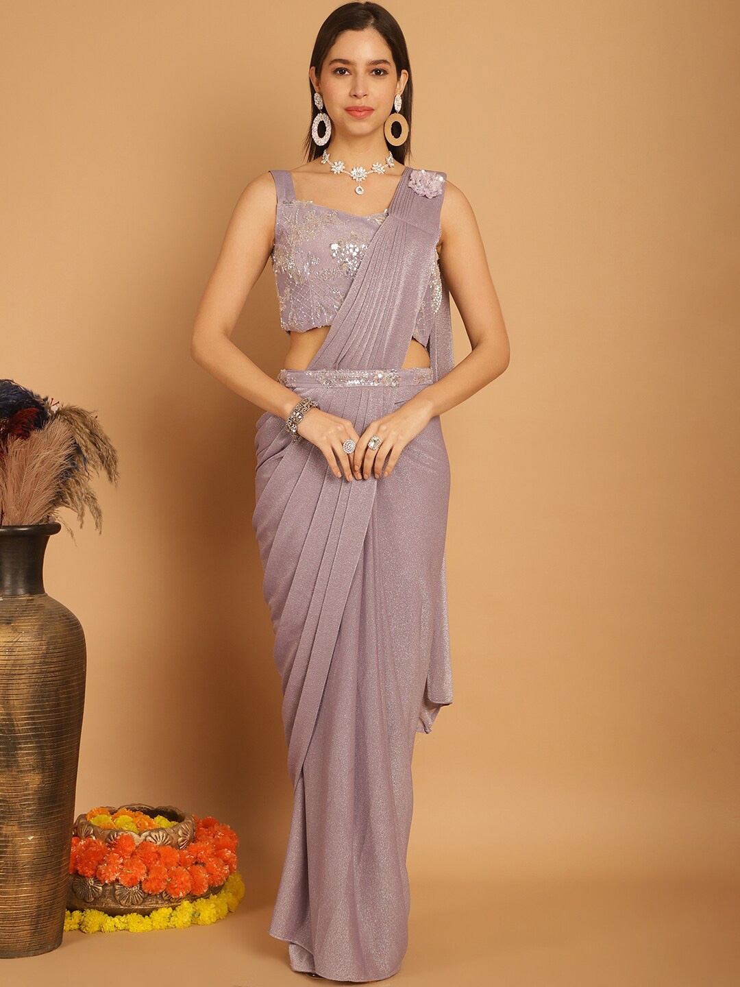 Grancy Embroidered Ready to Wear Saree, Mauve