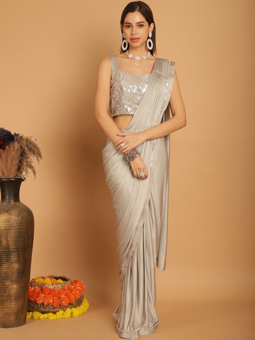 

Grancy Ready to Wear Leheriya Saree, Grey