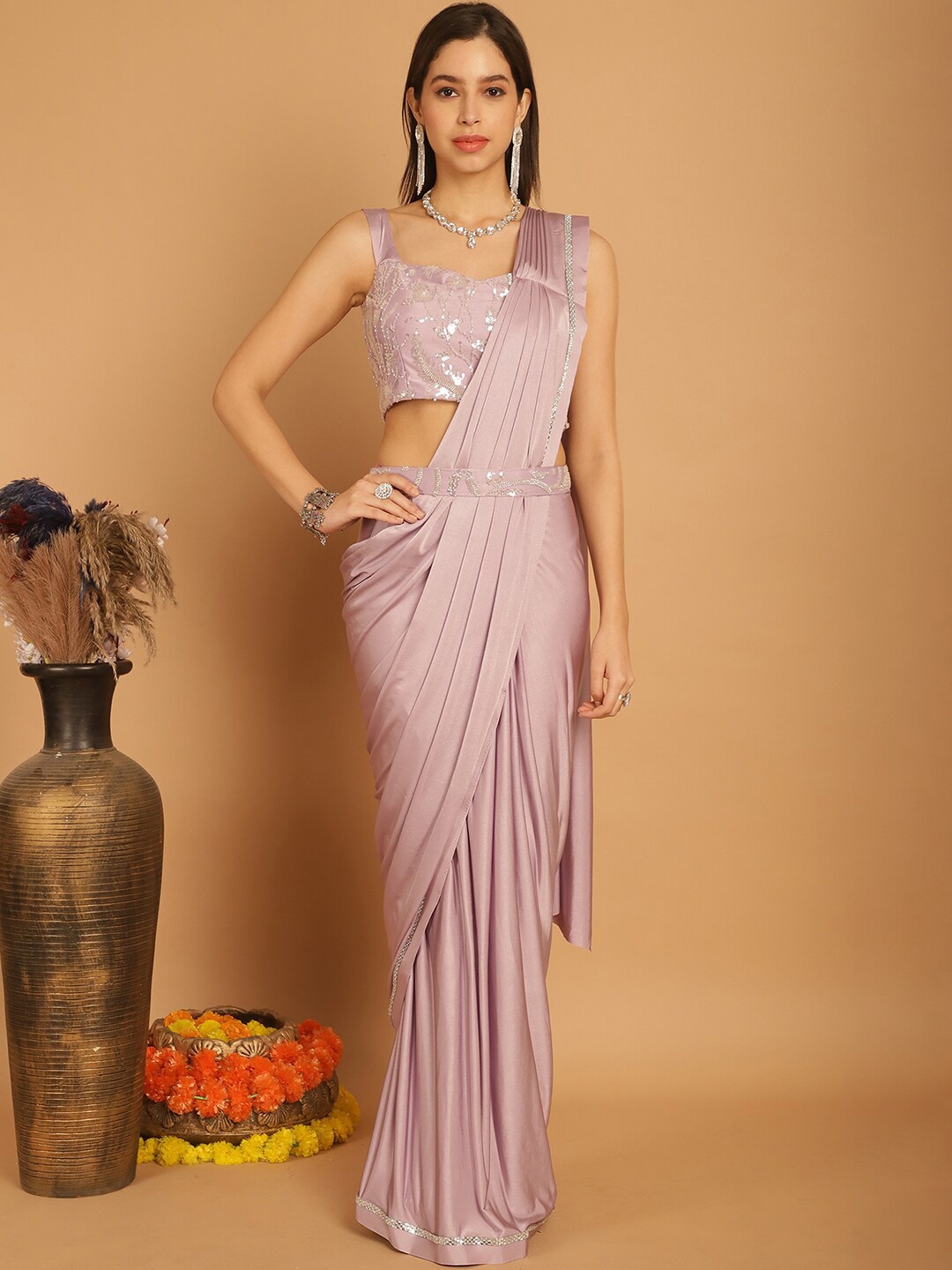 

Grancy Ready to Wear Saree With Embellished Blouse, Mauve