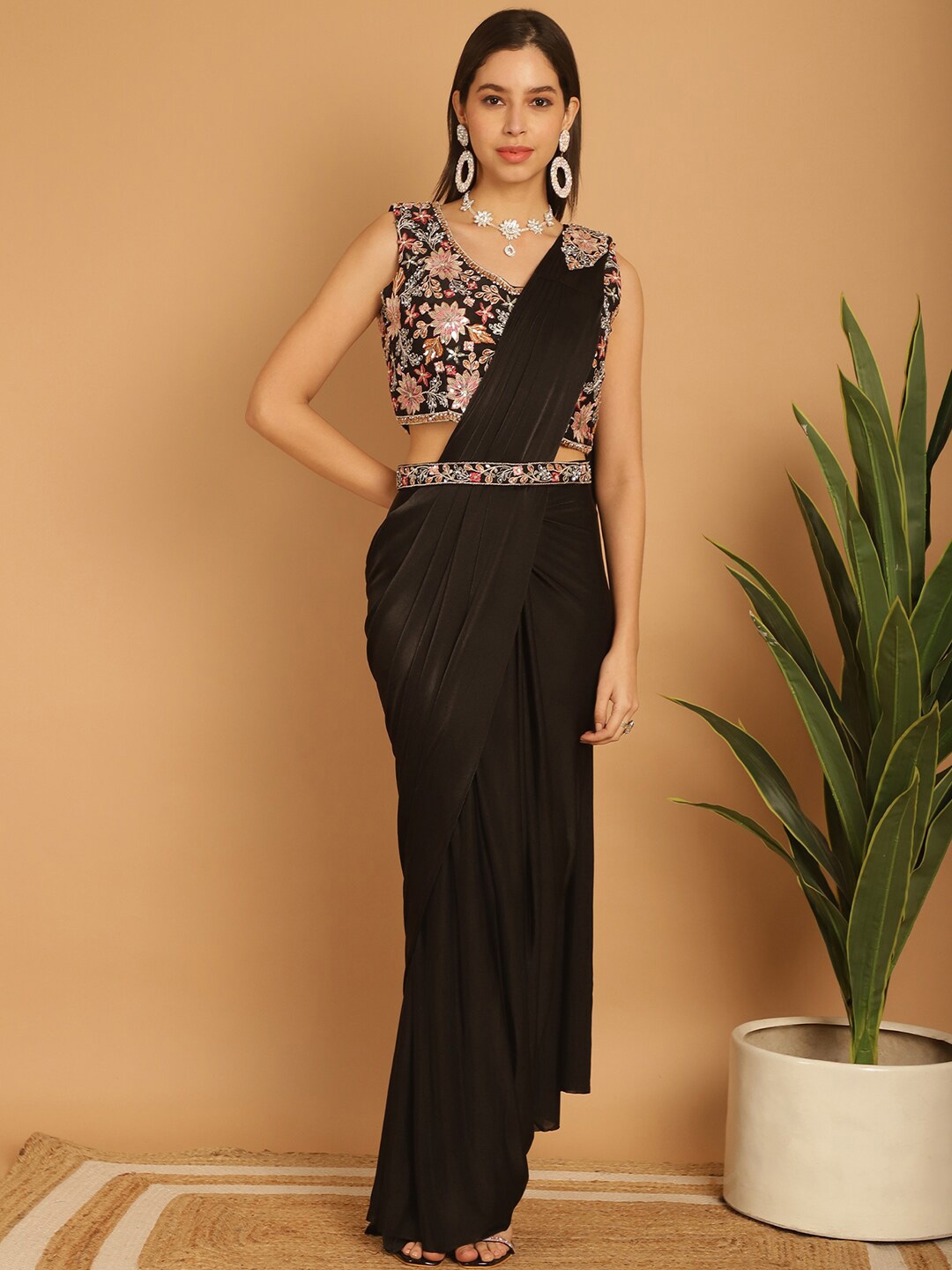 

Grancy Ready to Wear Saree With Embellished Blouse, Black
