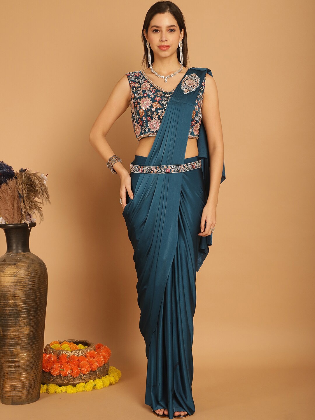 

Grancy Embroidered Ready to Wear Saree, Blue