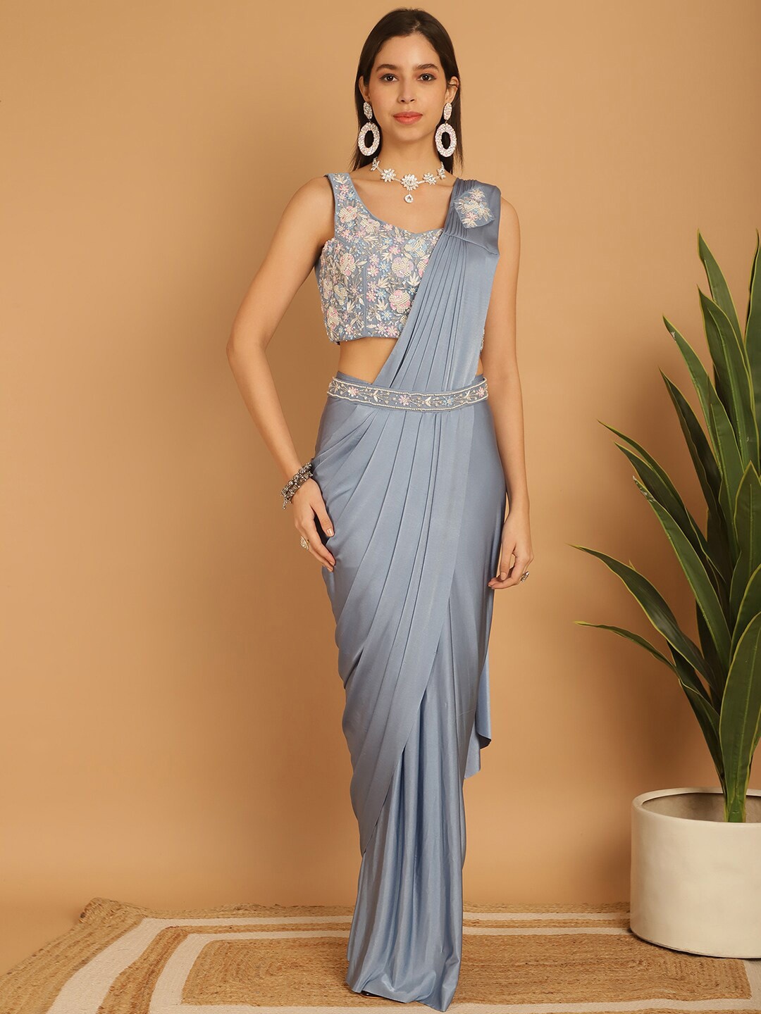 

Grancy Embellished Ready to Wear Leheriya Saree, Blue
