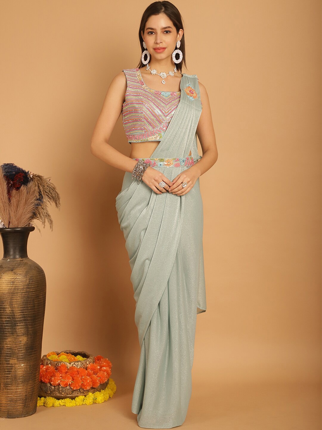 

Grancy Embellished Ready to Wear Saree, Sea green