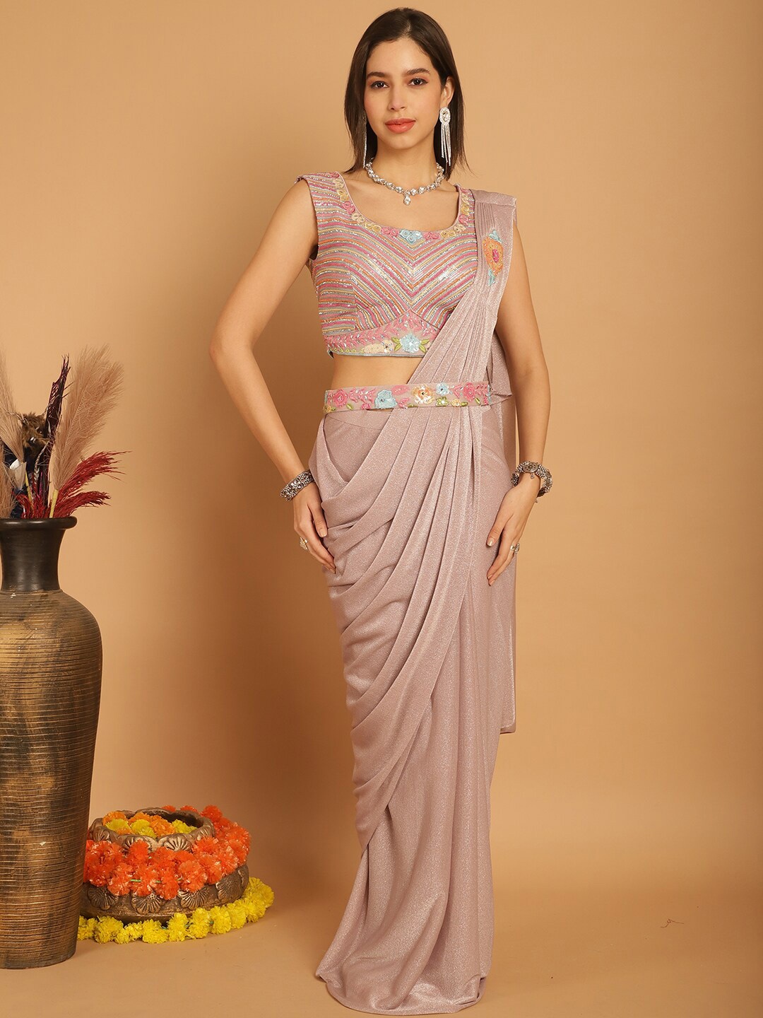 

Grancy Embellished Embroidered Neted Ready to Wear Leheriya Saree, Pink