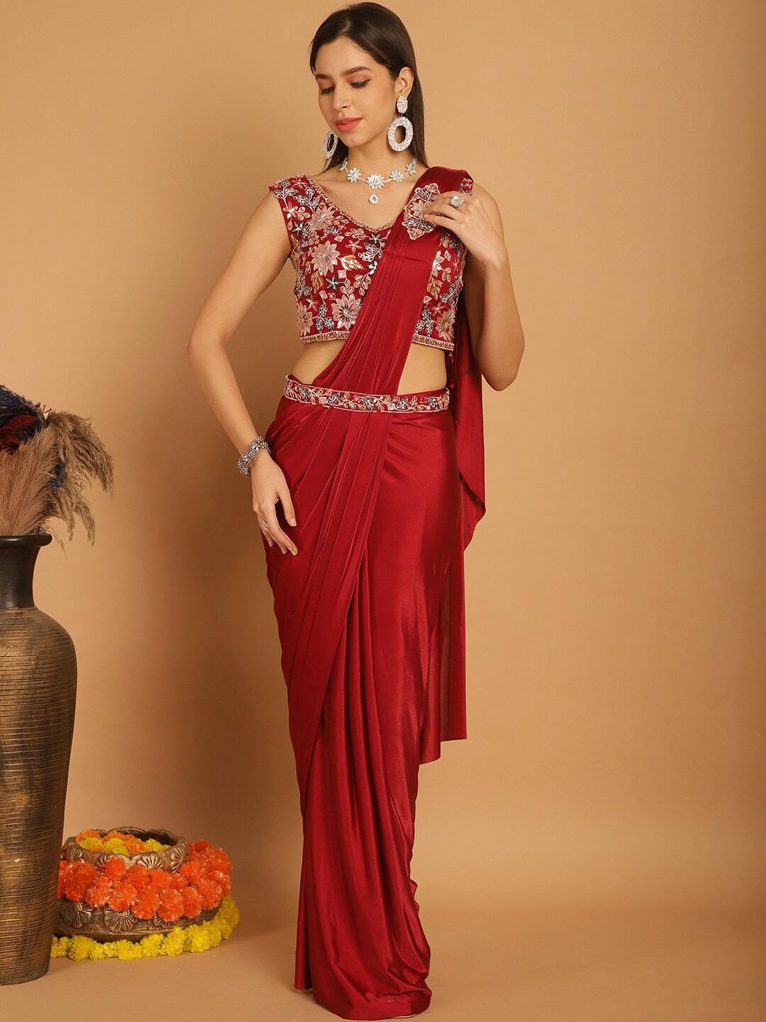 Grancy Embellished Ready to Wear Saree, Maroon