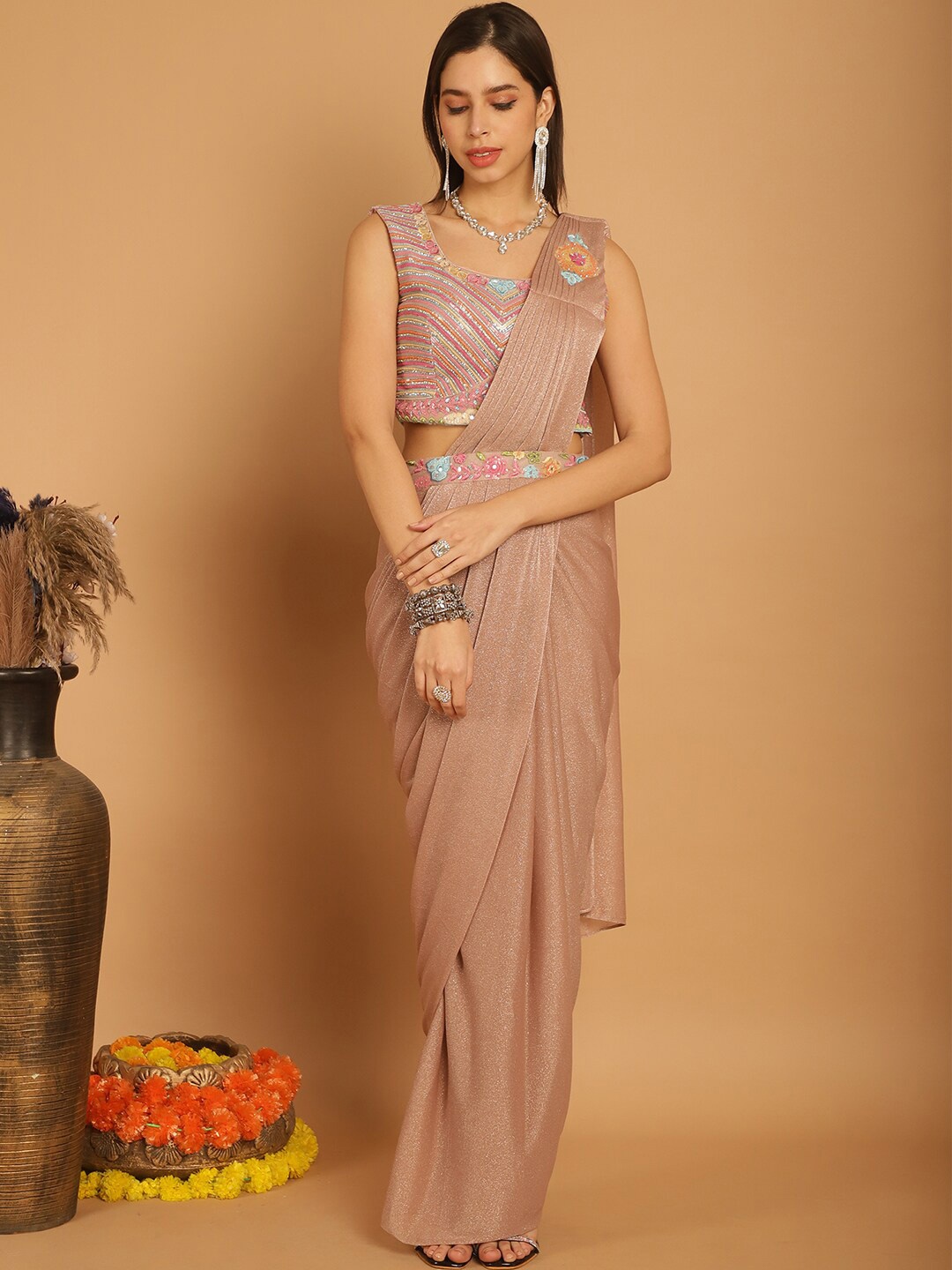 

Grancy Ready to Wear Saree With Embellished Blouse, Peach
