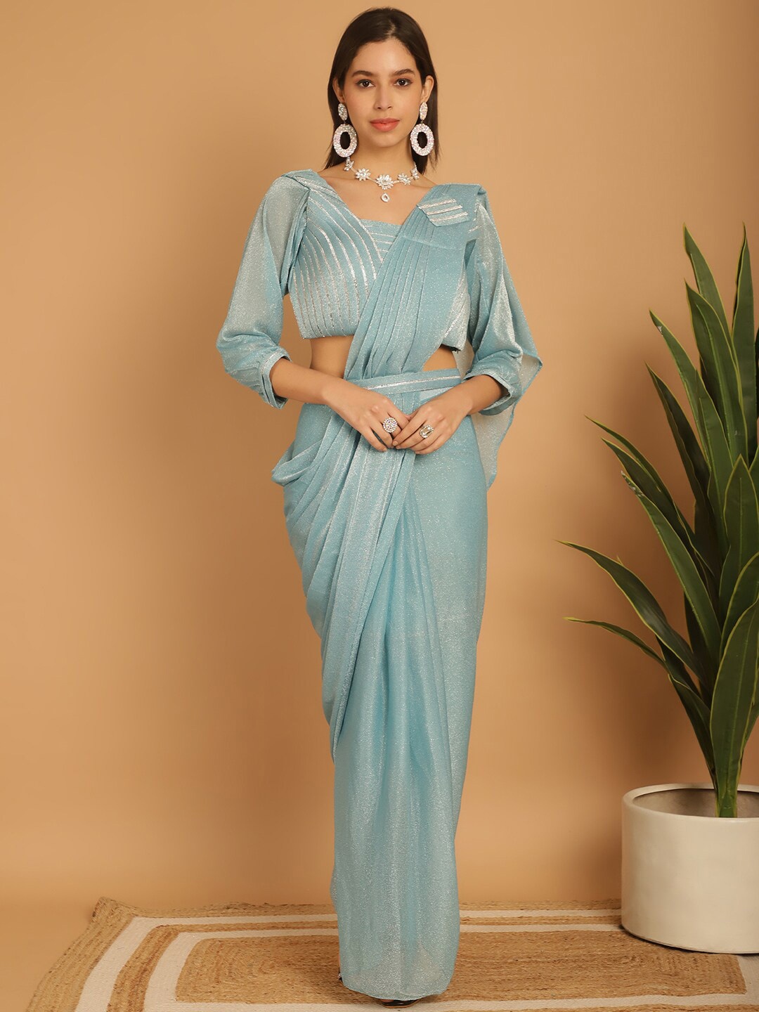 

Grancy Embellished Ready to Wear Leheriya Saree, Turquoise blue