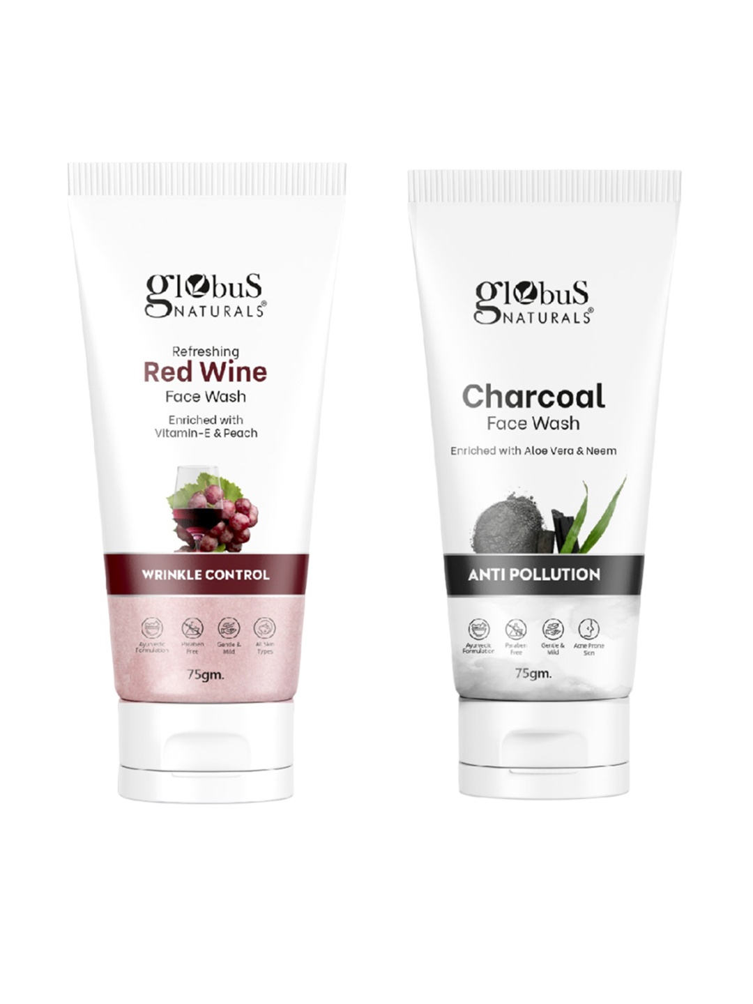 

Globus naturals 2-Pcs Charcoal & Red Wine Face Wash - 75g Each, Multi