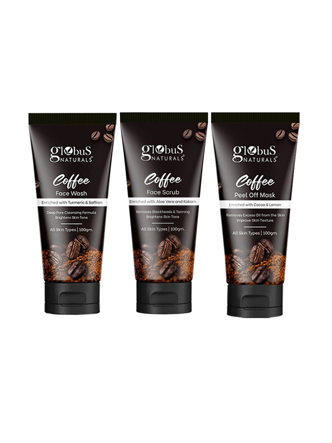 

Globus naturals 3-Pcs Coffee Face Wash-Scrub & Peel Off Mask 100g Each, Multi