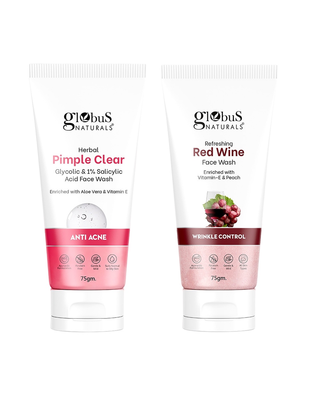 

Globus naturals 2-Pcs Glycolic & Red Wine Face Wash - 75g Each, Multi