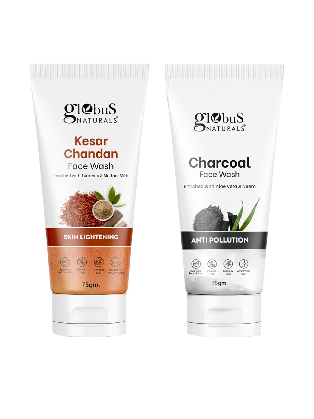 

Globus naturals 2-Pcs Kesar Chandan & Charcoal Face Wash - 75g Each, Multi