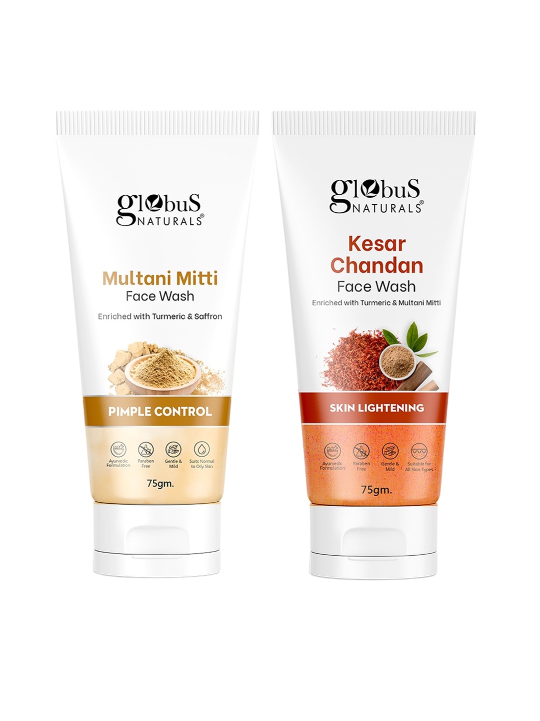 

Globus naturals 2-Pcs Kesar Chandan & Multani Mitti Face Wash - 75g Each, Multi