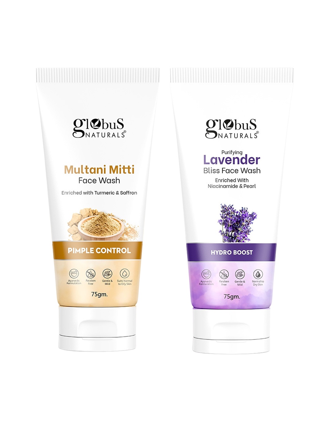

Globus naturals 2-Pcs Multani Mitti & Lavender Bliss Face Wash - 75g Each, Multi