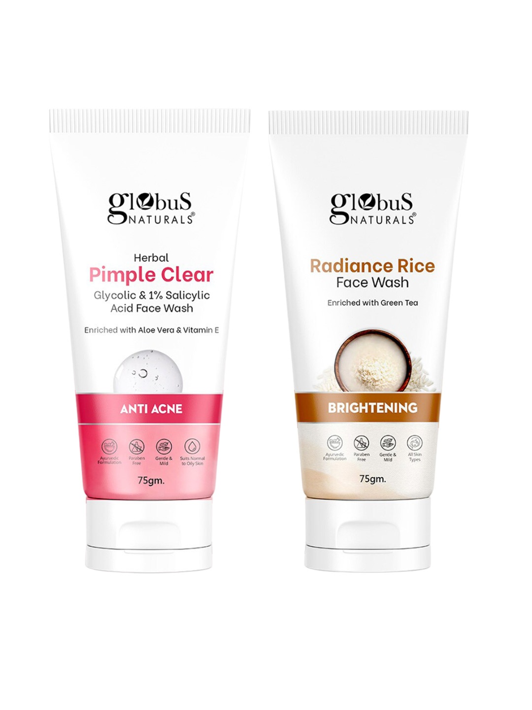 

Globus naturals 2-Pcs Glycolic Acid & Radiance Rice Face Wash - 75g Each, Multi