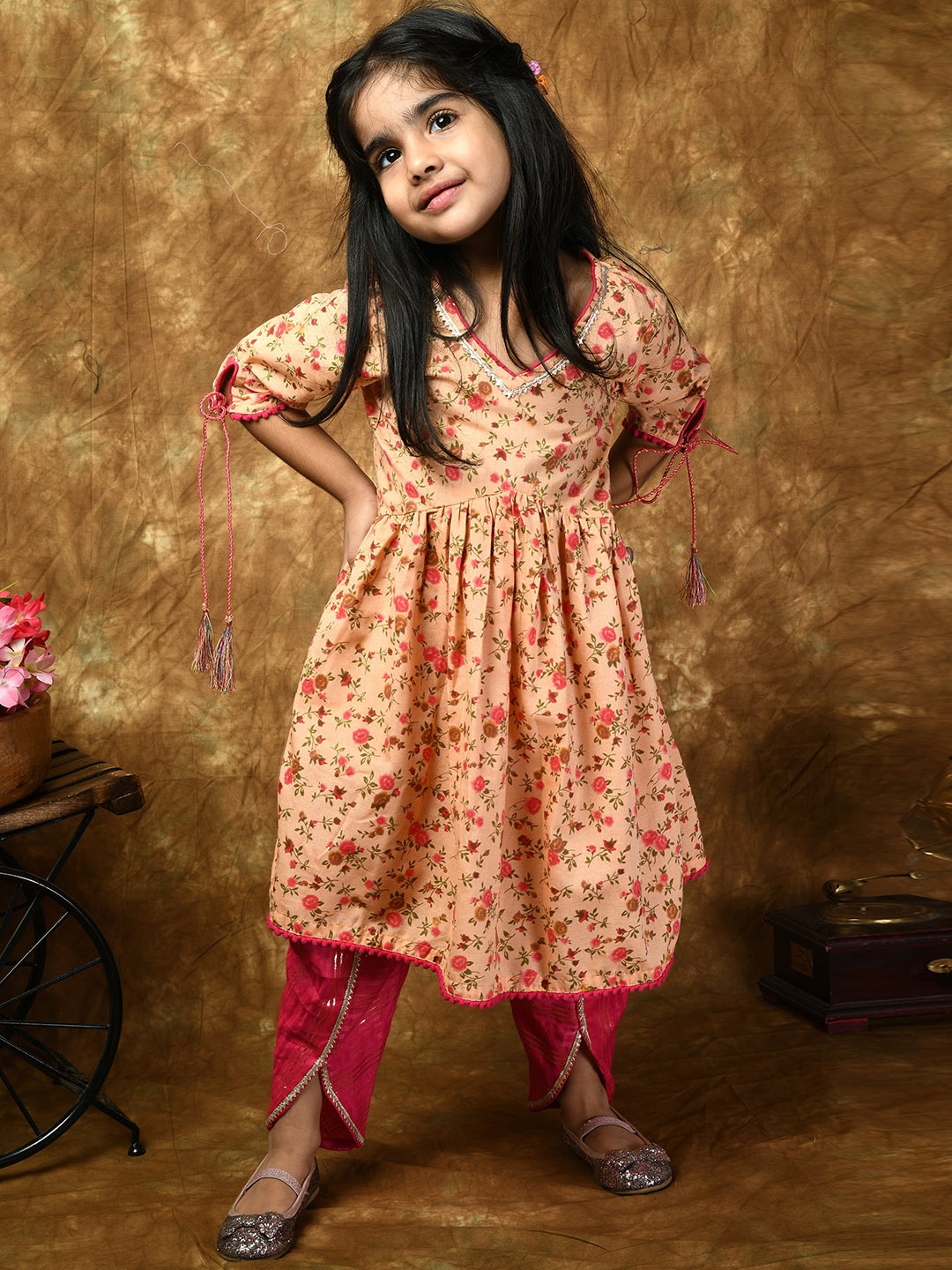 

BAESD Girls Floral Printed Gotta Patti Pure Cotton Empire Kurta With Dhoti Pant, Peach