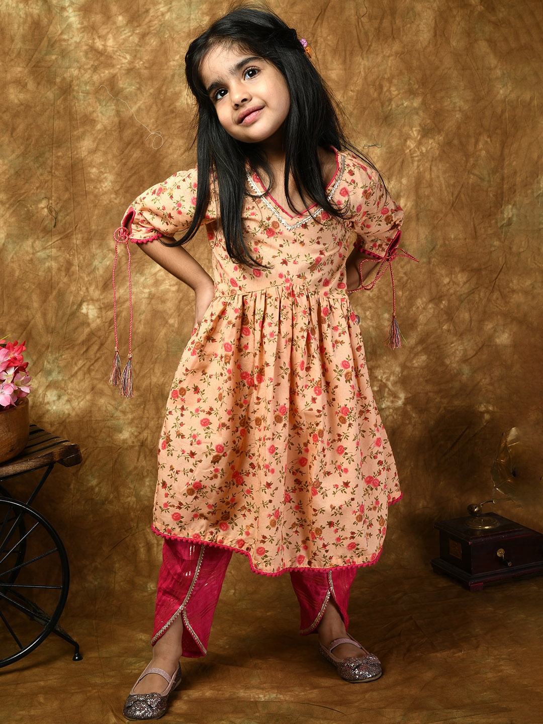 

BAESD Girls Floral Printed Gotta Patti Pure Cotton Kurta With Dhoti Pant, Peach