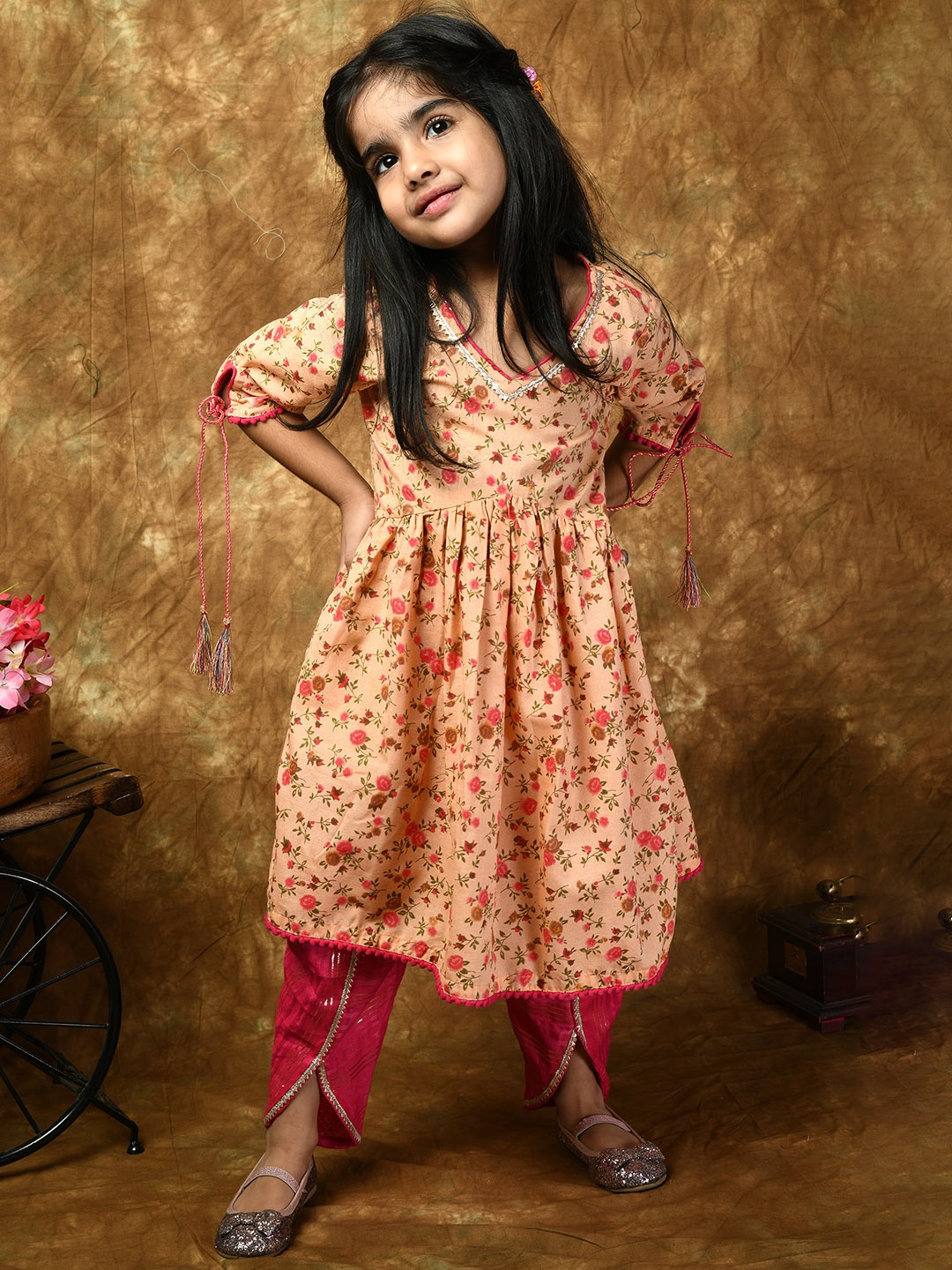 

BAESD Girls Floral Printed Gotta Patti Pure Cotton Empire Kurta With Dhoti Pant, Peach