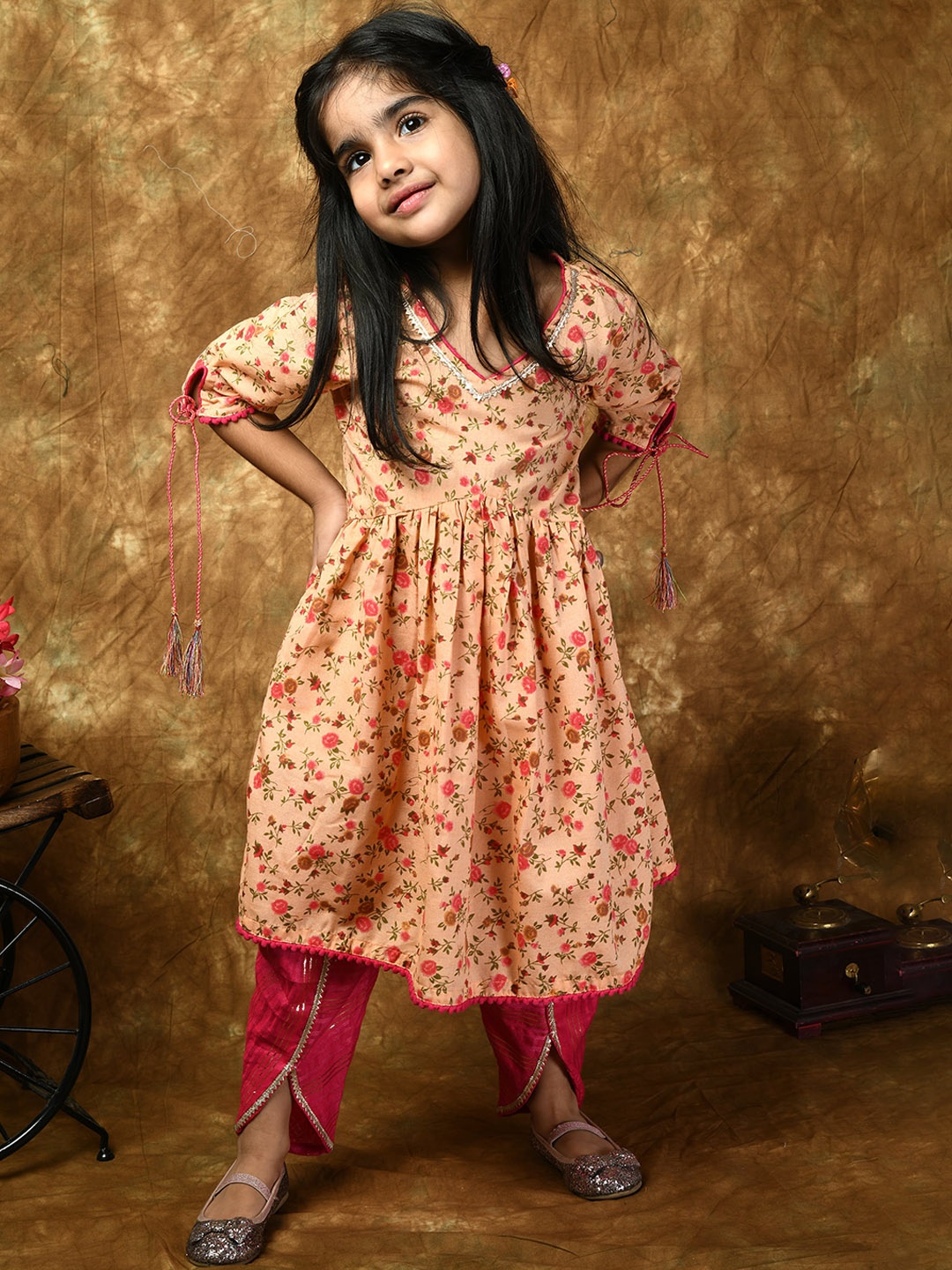 

BAESD Girls Floral Printed Gotta Patti Pure Cotton Empire Kurta With Dhoti Pant, Peach