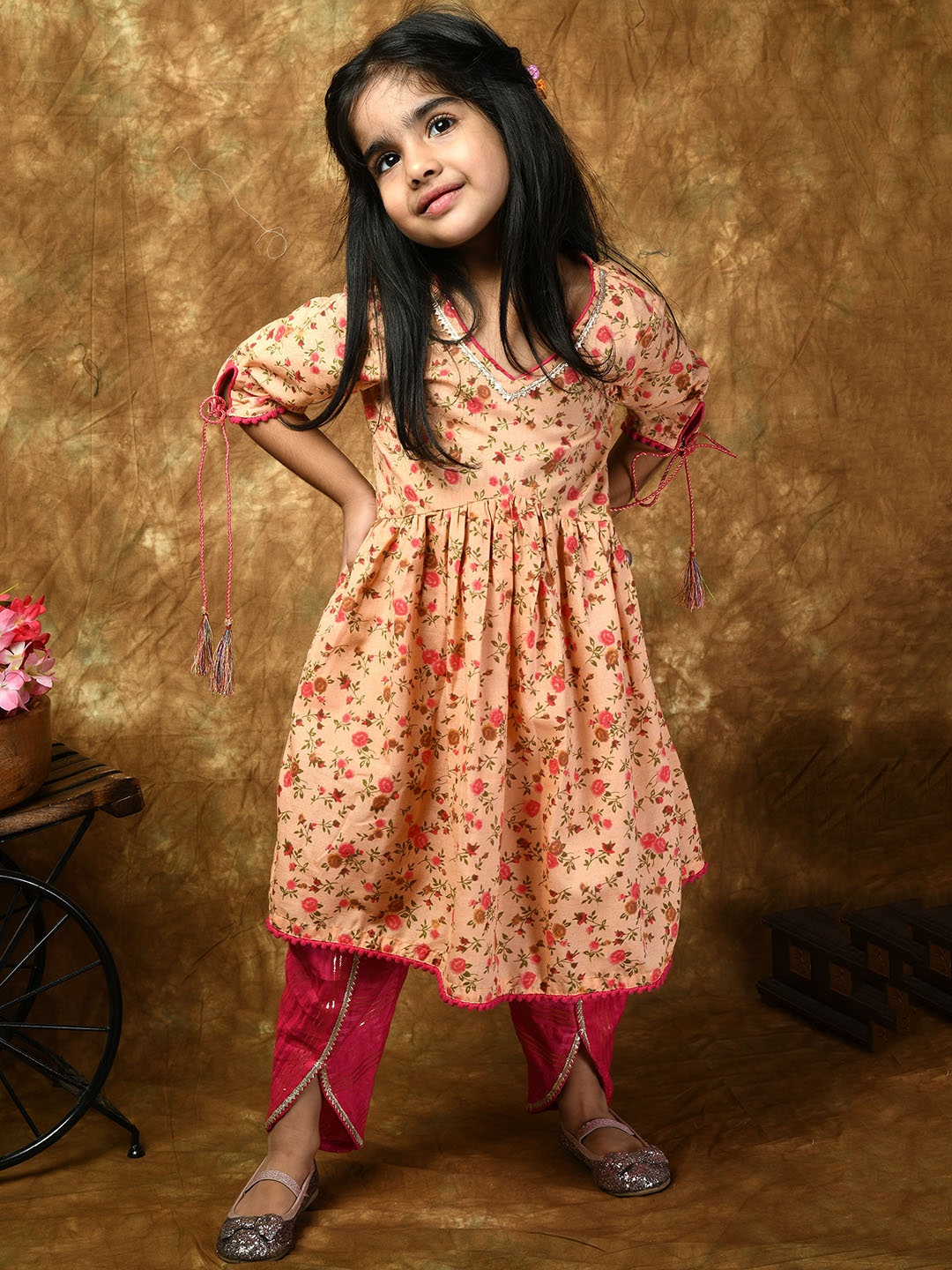 

BAESD Girls Floral Printed Gotta Patti Pure Cotton Empire Kurta With Dhoti Pant, Peach