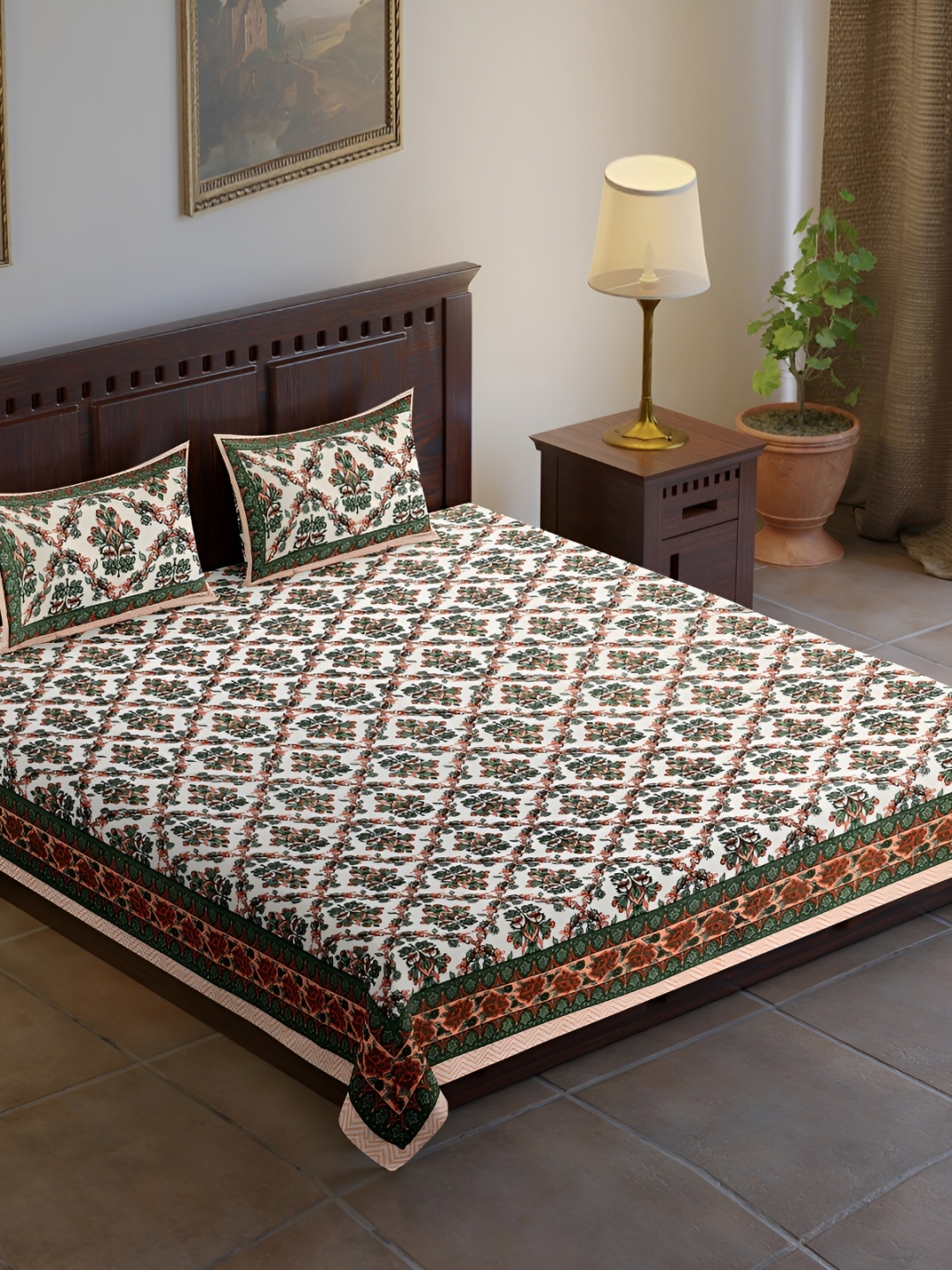 

UBANIA COLLECTION Green Ethnic Motifs Cotton 120 TC King Bedsheet with 2 Pillow Covers